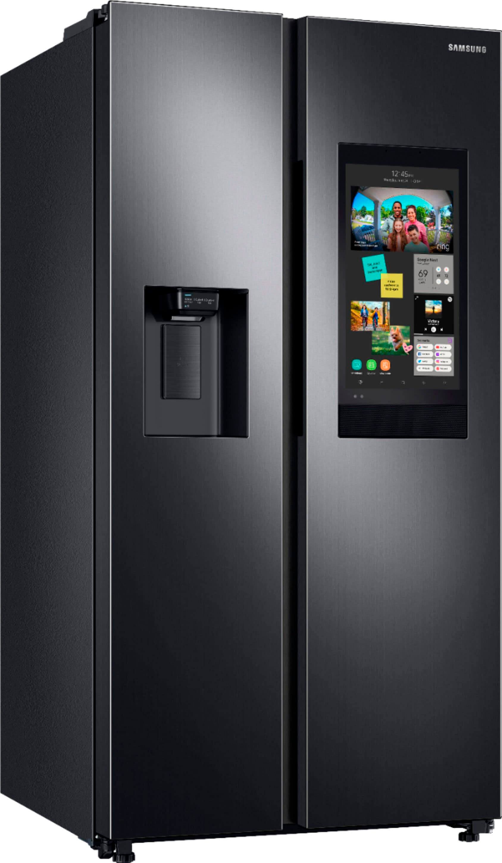 Angle View: Samsung - Geek Squad Certified Refurbished 26.7 Cu. Ft. Side-by-Side Refrigerator with 21.5" Touch-Screen Family Hub - Black stainless steel