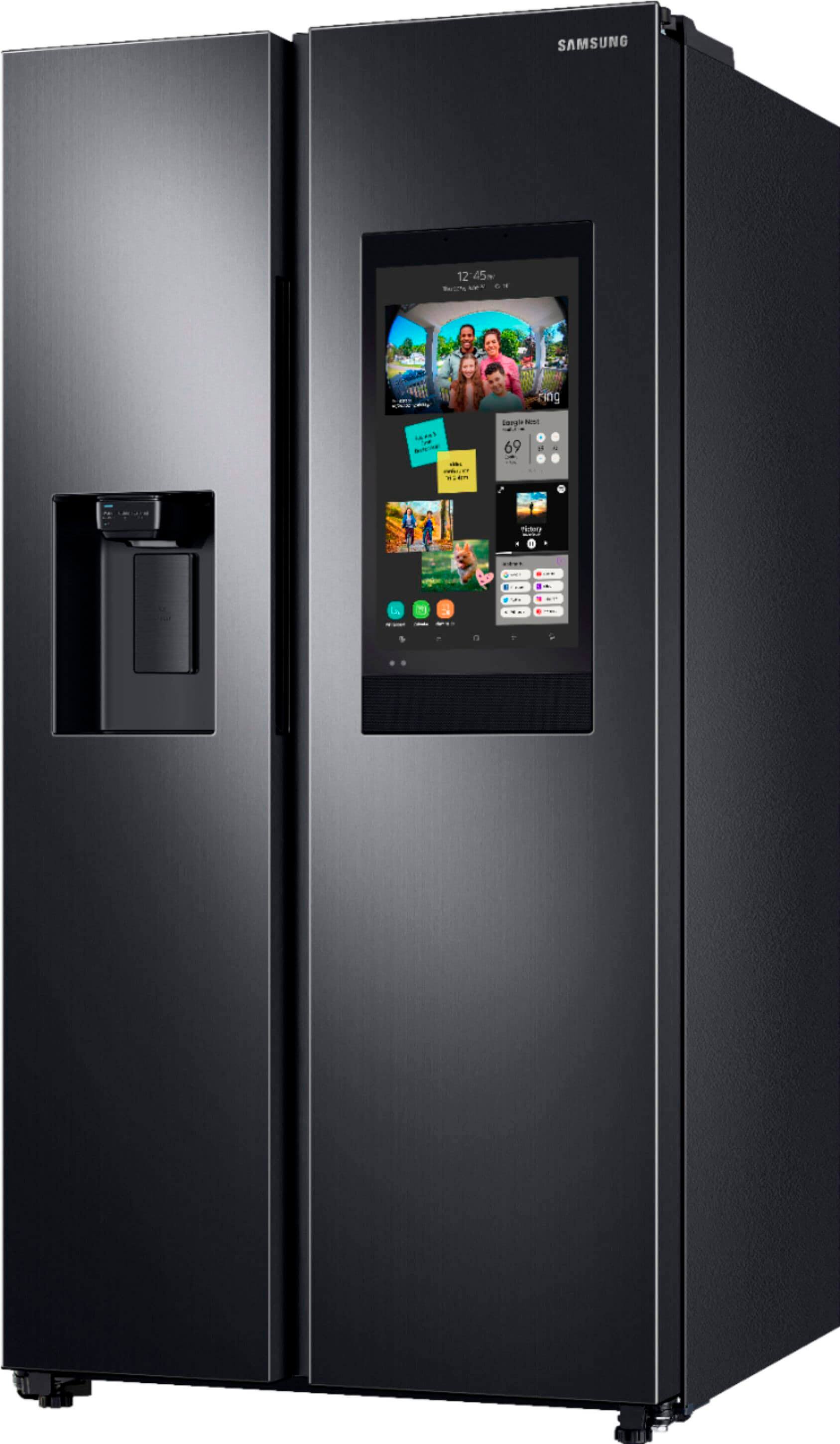 Left View: Samsung - Geek Squad Certified Refurbished 26.7 Cu. Ft. Side-by-Side Refrigerator with 21.5" Touch-Screen Family Hub - Black stainless steel