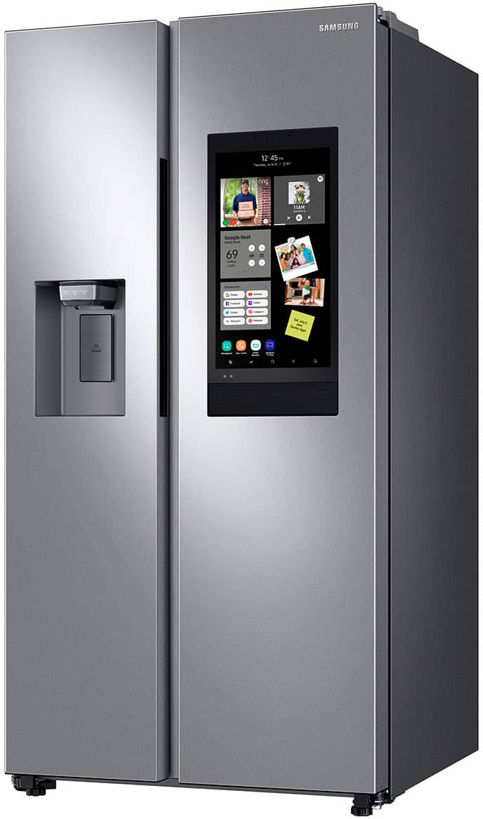 Left View: Samsung - Geek Squad Certified Refurbished 26.7 Cu. Ft. Side-by-Side Refrigerator with 21.5" Touch-Screen Family Hub - Stainless steel