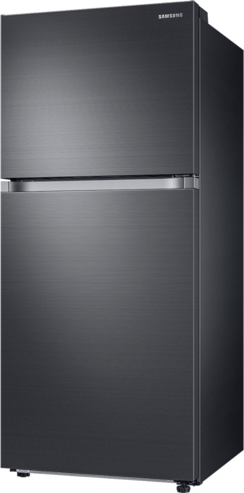 Left View: Samsung - Geek Squad Certified Refurbished 17.6 Cu. Ft. Top-Freezer  Fingerprint Resistant Refrigerator - Black stainless steel