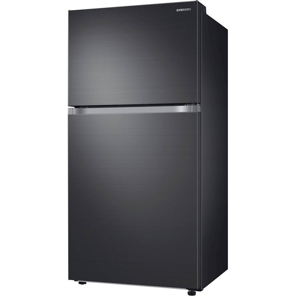 Left View: Samsung - Geek Squad Certified Refurbished 21.1 Cu. Ft. Top-Freezer  Fingerprint Resistant Refrigerator - Black stainless steel