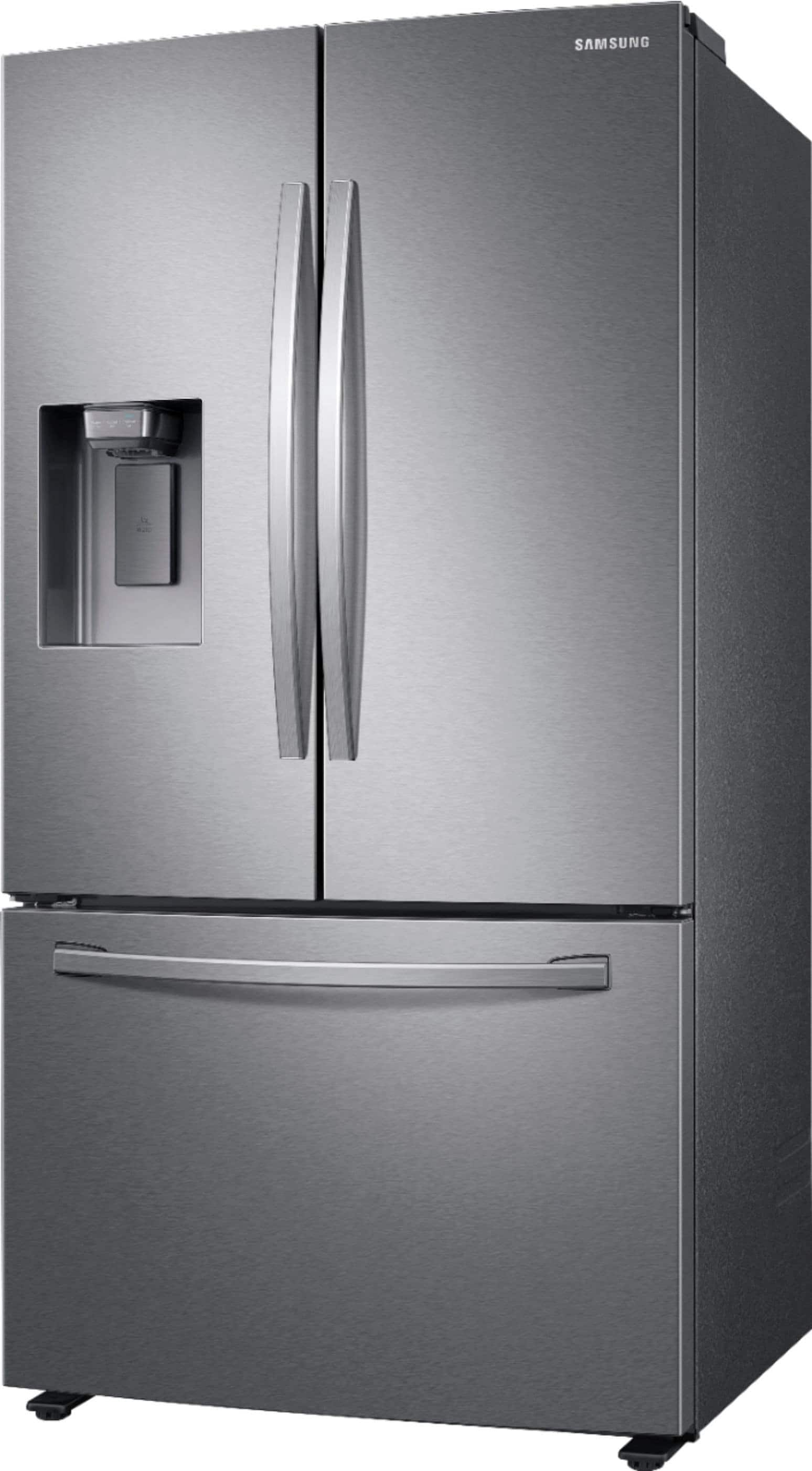 Angle View: Samsung - Geek Squad Certified Refurbished 28 cu. ft. Large Capacity 3-Door French Door Refrigerator with AutoFill Water Pitcher - Black stainless steel