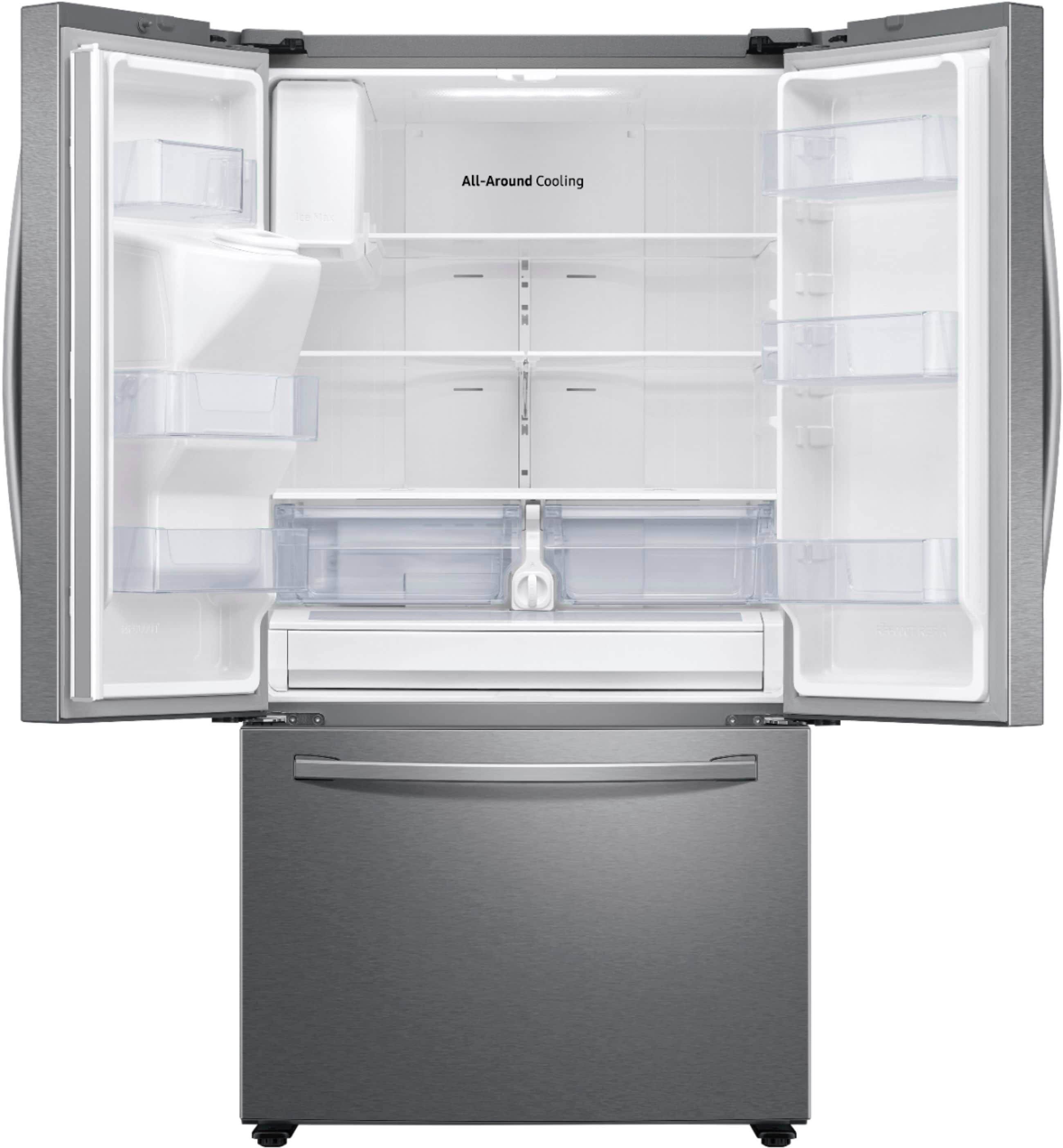 Left View: Samsung - Geek Squad Certi Refurb 27 cu. ft. Large Capacity 3-Door French Door Refrigerator with External Water & Ice Dispenser - Stainless steel