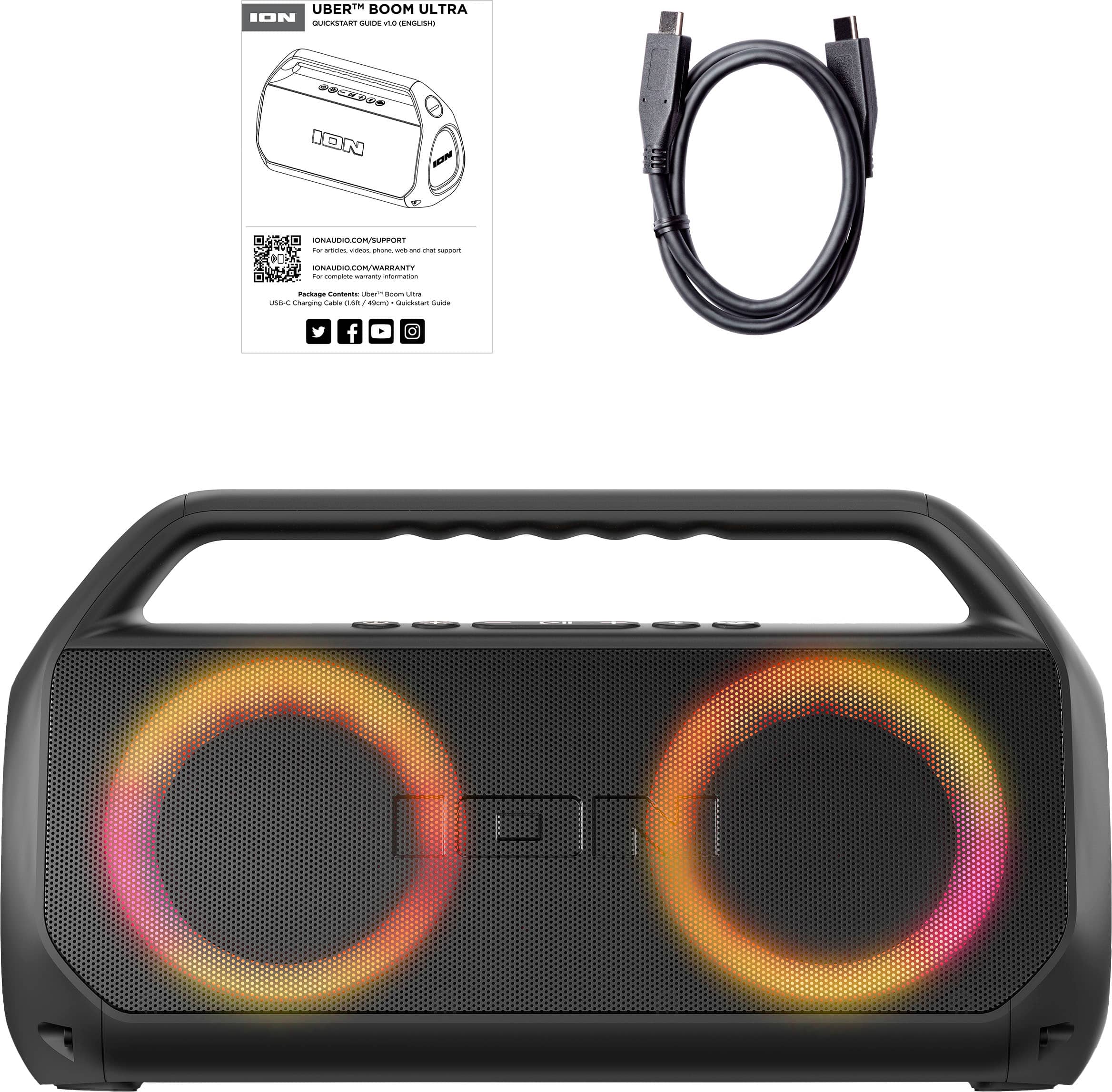 Angle. ION Audio - Uber Boom Ultra Water Resistant Bluetooth Stereo Boombox with Lights - Black.