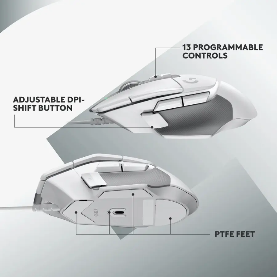 The image features a computer mouse with a diagram of its components. The mouse has 13 programmable controls, including an adjustable DPI-shift button. The mouse also has PTFE feet for better movement on various surfaces.