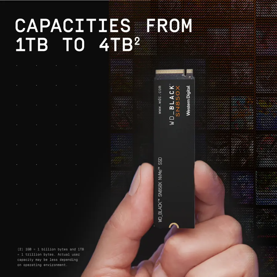 Capacities from 1TB to 4TB2 come in the form of a WD_BLACK SN850X WD Digital Western SSD NVMe. The SN850X offers 1GB/s read speeds and 1TB of storage, with actual user capacity depending on the operating environment.