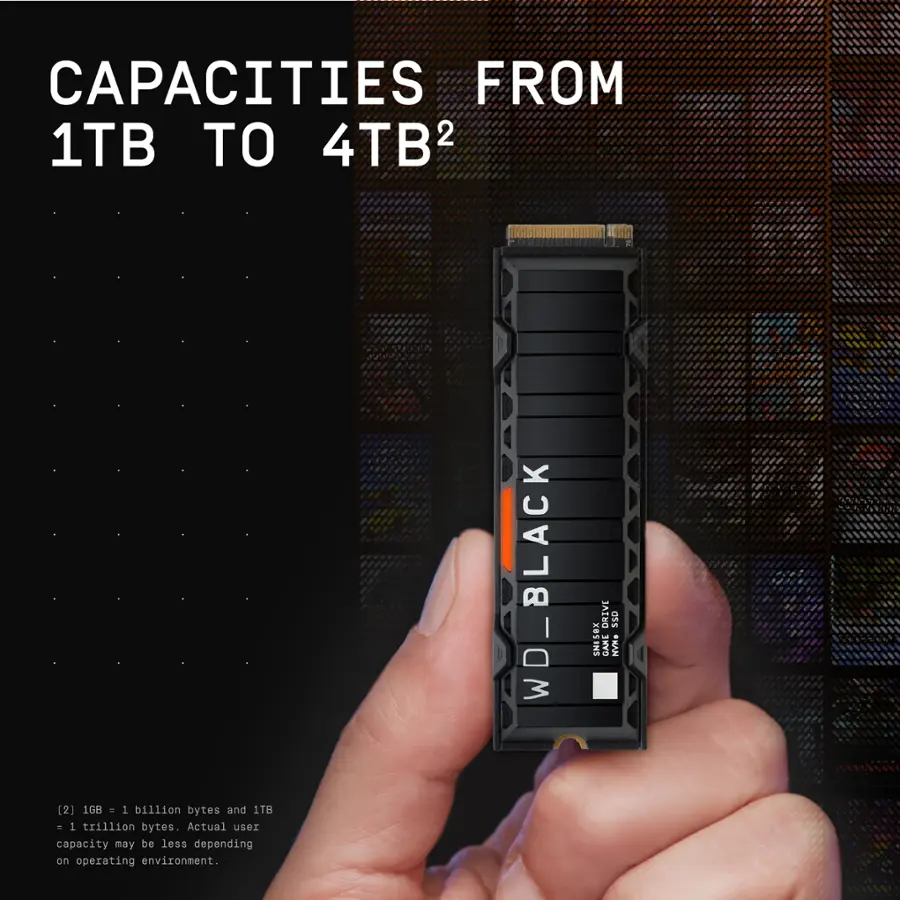 The text on the image reads: "Capacities from 1TB to 4TB. 1TB = 1 trillion bytes, 1GB = 1 billion bytes. Actual user capacity may be less depending on operating environment. WD_BLACK SSD."