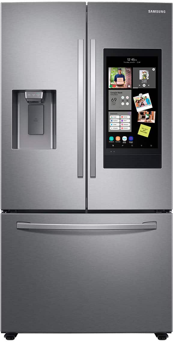 Front. Samsung - OBX 26.5 cu. ft. Large Capacity 3-Door French Door Refrigerator with Family Hub and External Water & Ice Dispenser - Stainless Steel.