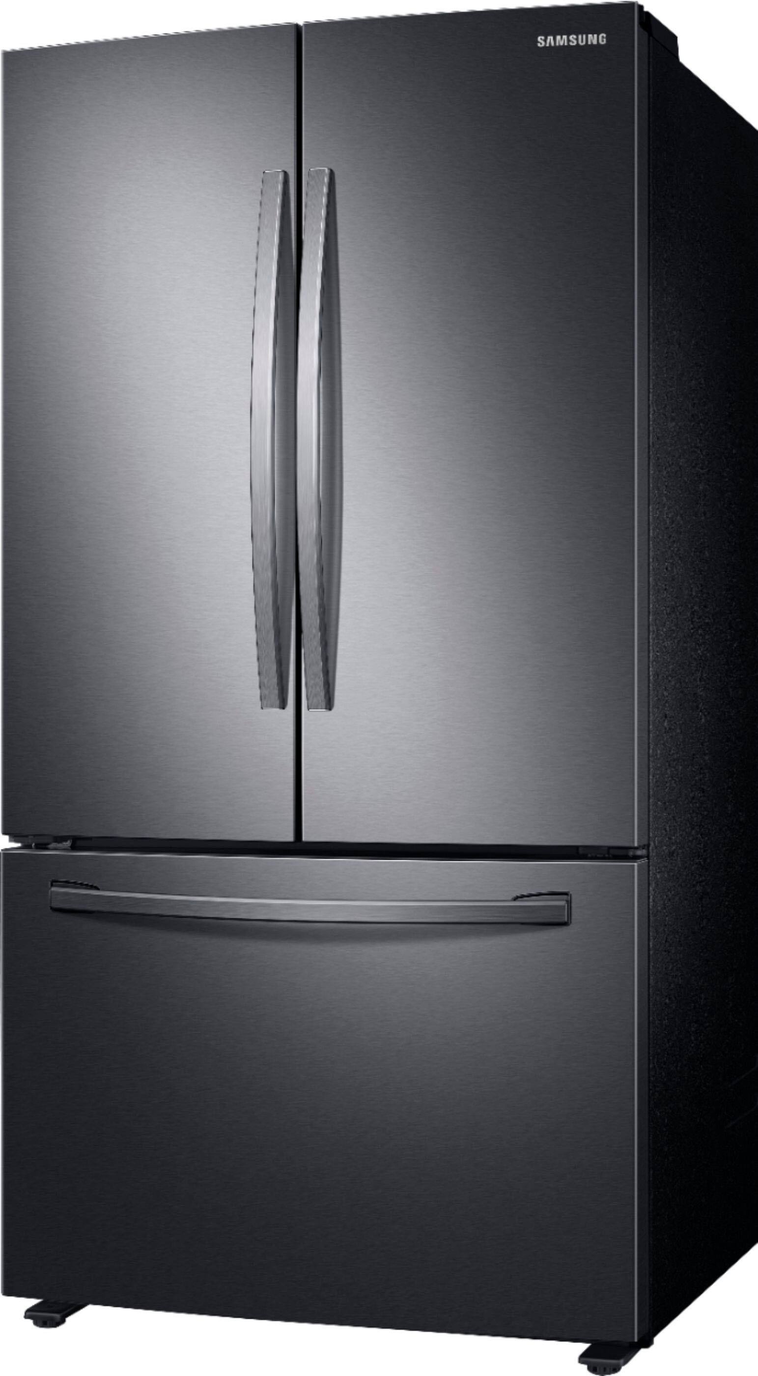 Left View: Samsung - Geek Squad Certified Refurbished 28 cu. ft. Large Capacity 3-Door French Door Refrigerator - Black stainless steel