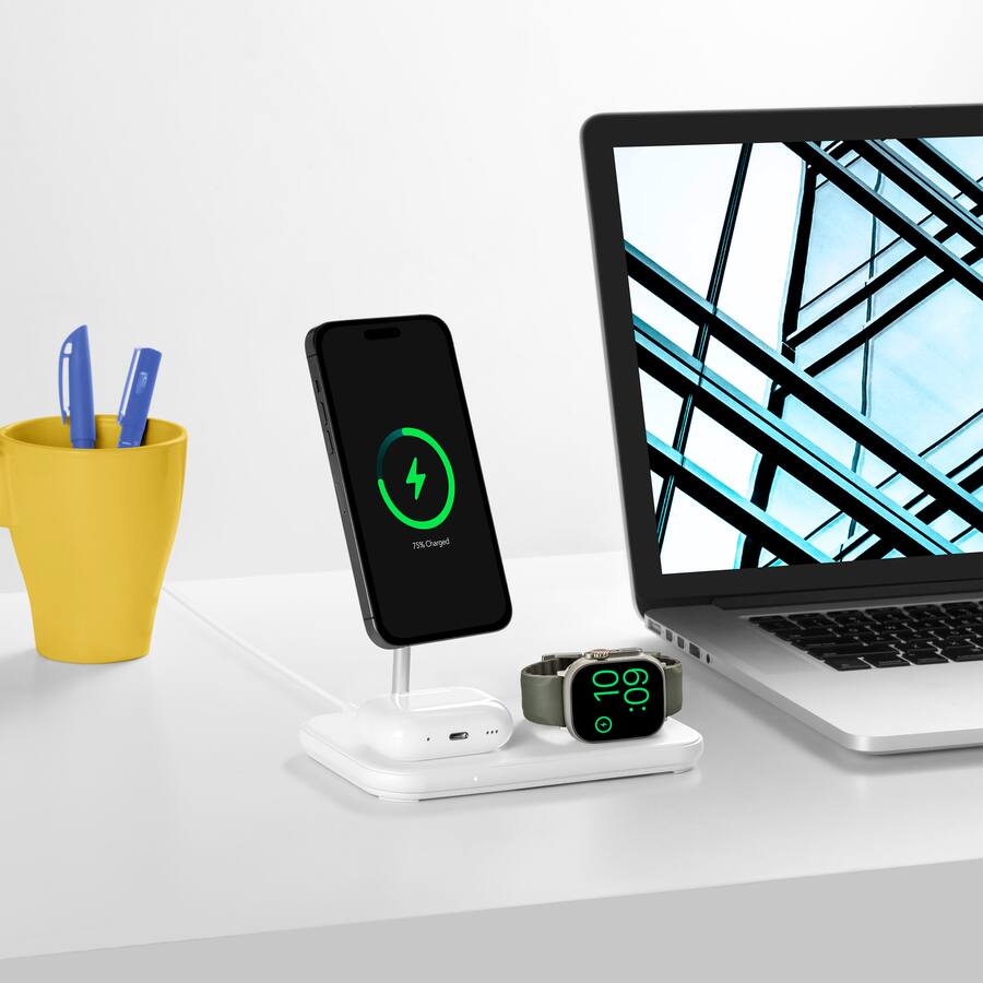 Best Buy essentials 3 in 1 7.5W Magnetic Wireless Charger with Apple Watch Charger Holder for iPhone Apple Watch AirPods White BE MQ231W23 Open Box Best Buy