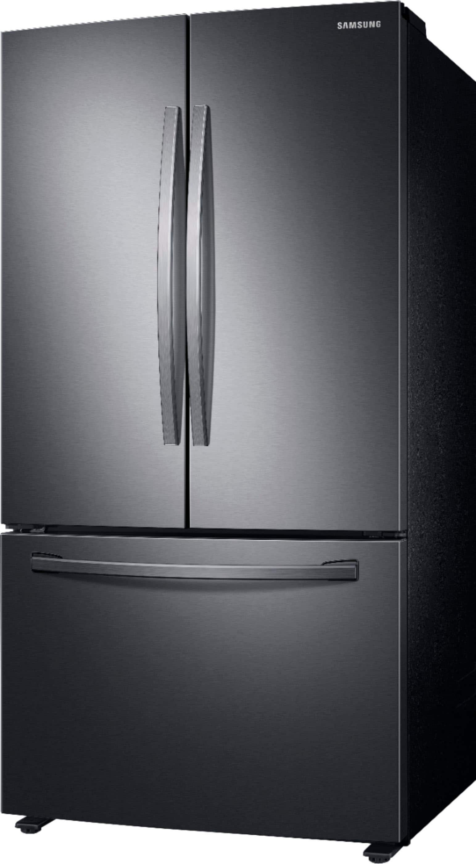 Left View: Samsung - Geek Squad Certified Refurbished 28 cu. ft. Large Capacity 3-Door French Door Refrigerator with AutoFill Water Pitcher - Black stainless steel