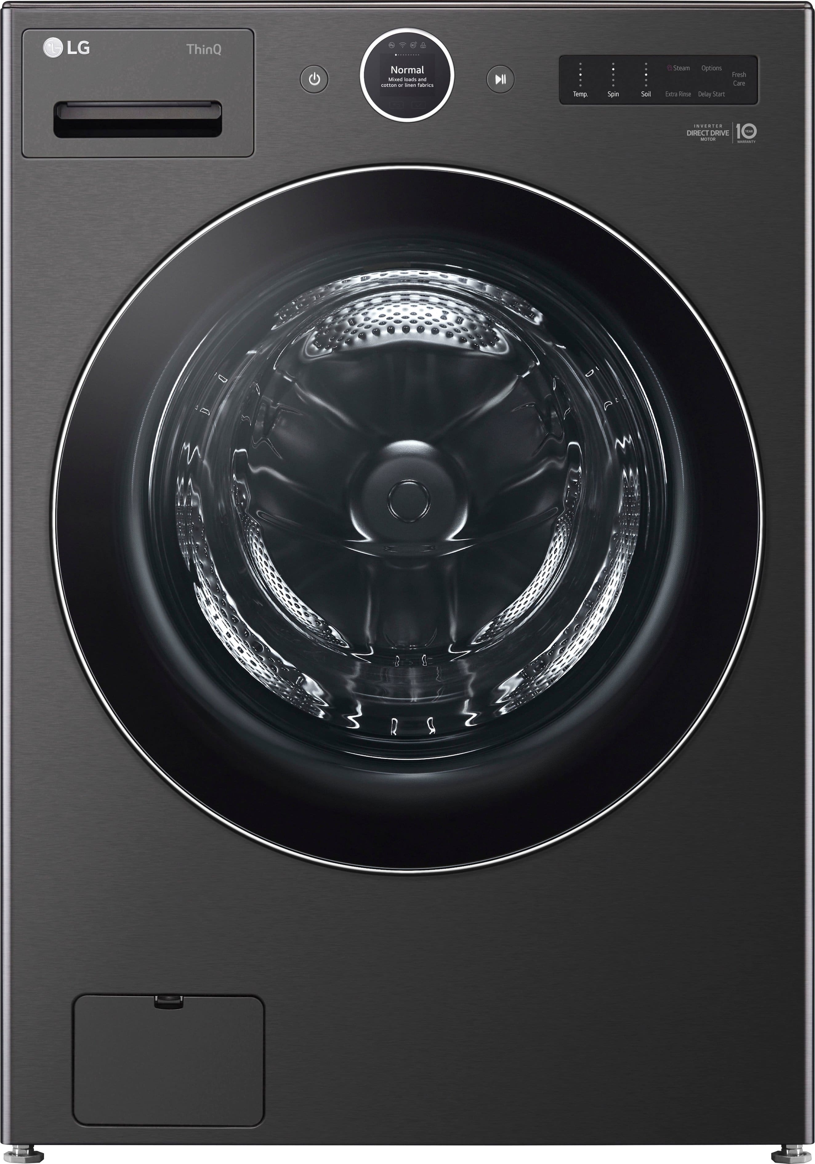 Front. LG - 5.0 Cu. Ft. High-Efficiency Stackable Smart Front Load Washer with Steam and TurboWash 360 - Black Steel.