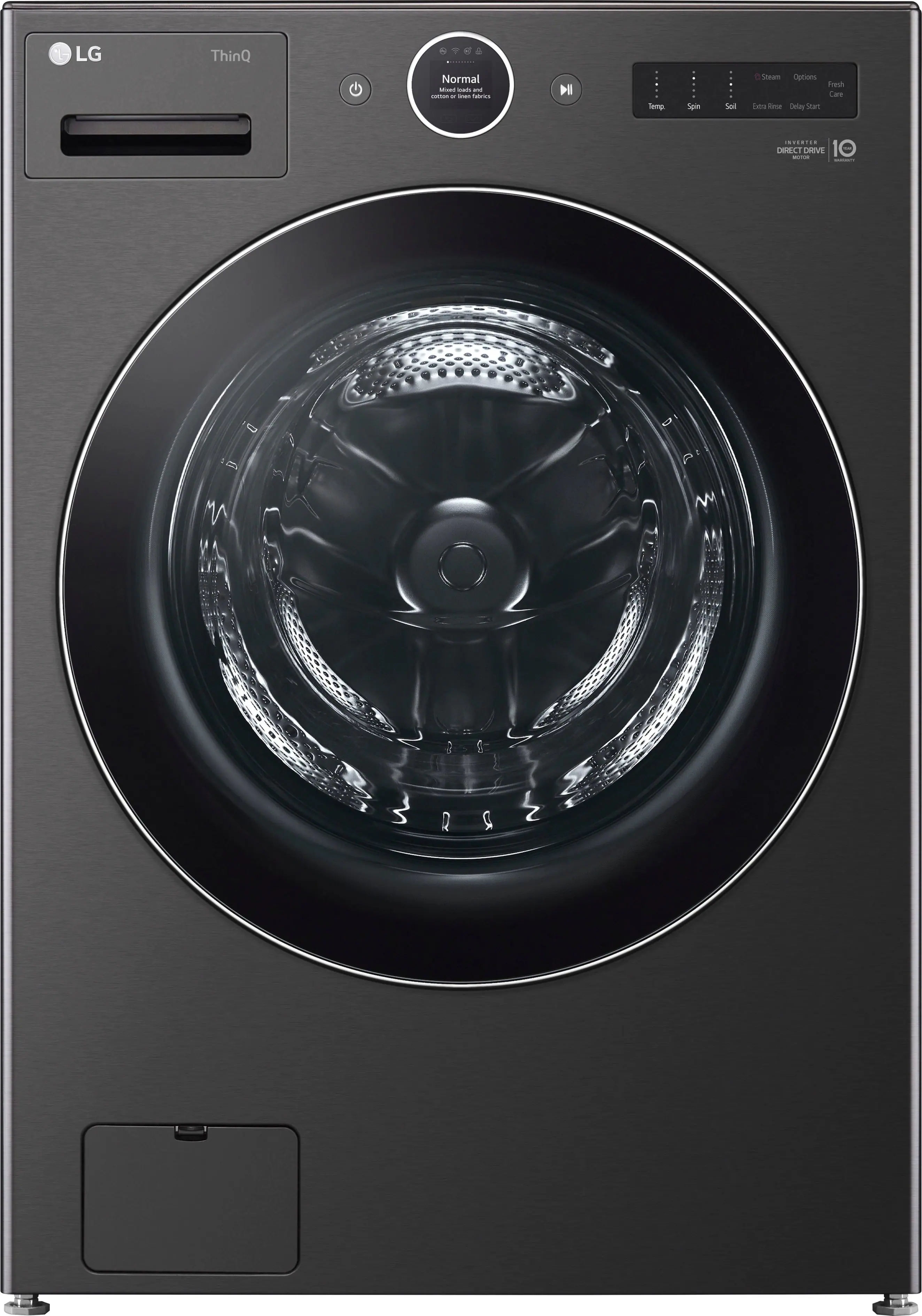 Front. LG - 5.0 Cu. Ft. High-Efficiency Stackable Smart Front Load Washer with Steam and TurboWash 360 - Black Steel.