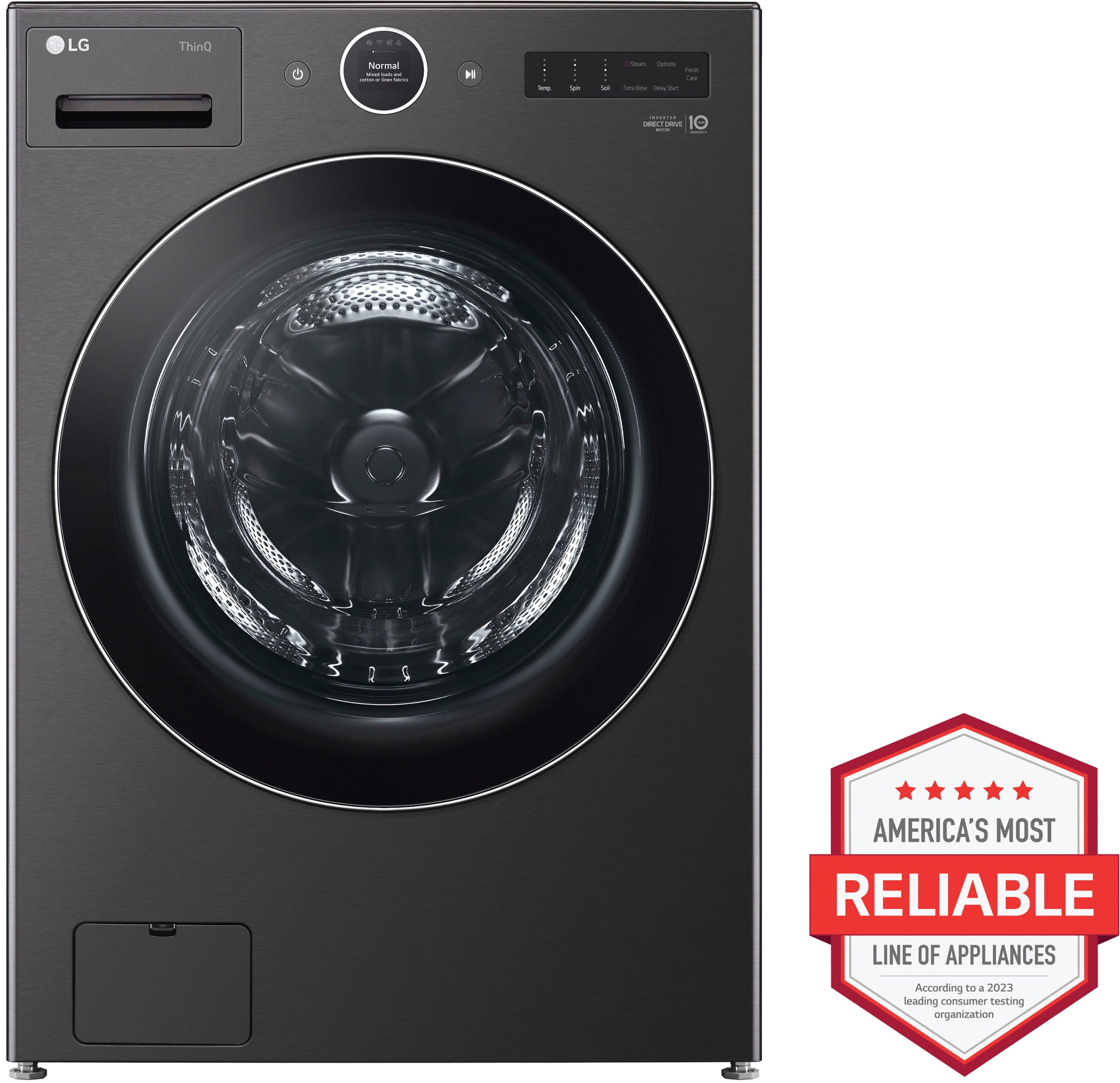 The image features a black LG washing machine with a spin cycle. The machine has a large window that allows you to see the spin cycle in action. The washing machine is a part of LG's ThinQ line, which is known for its reliability and innovative features. The machine is also Energy Star certified, which means it is energy-efficient and environmentally friendly. The LG logo is visible on the machine, indicating its brand and quality.