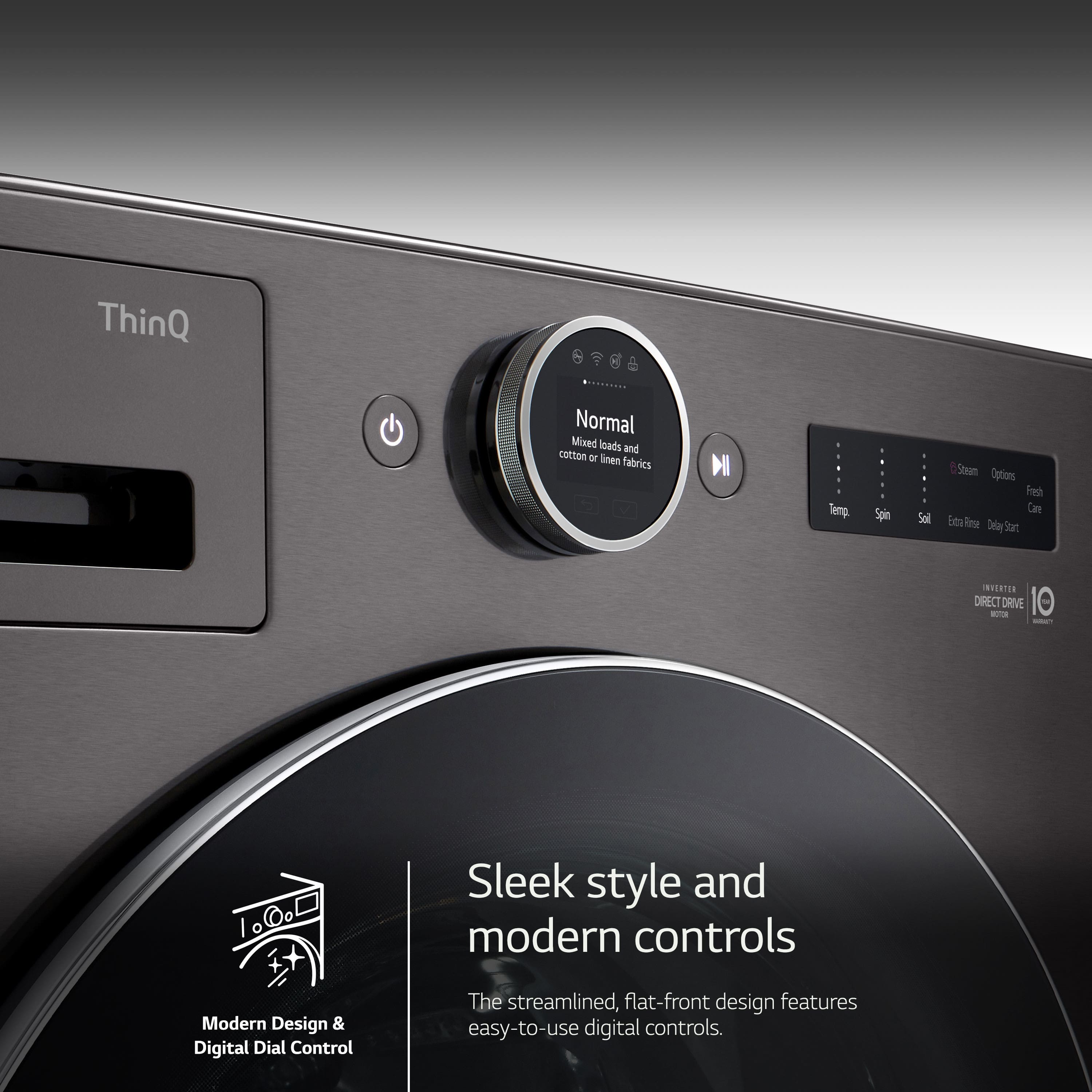 The image showcases a modern, sleek style washing machine with a flat-front design. The machine is equipped with easy-to-use digital controls, making it convenient for users. It is designed to handle mixed loads and cotton or linen fabrics, offering a versatile washing experience. The washing machine also features a direct drive system, providing a powerful and efficient washing experience.