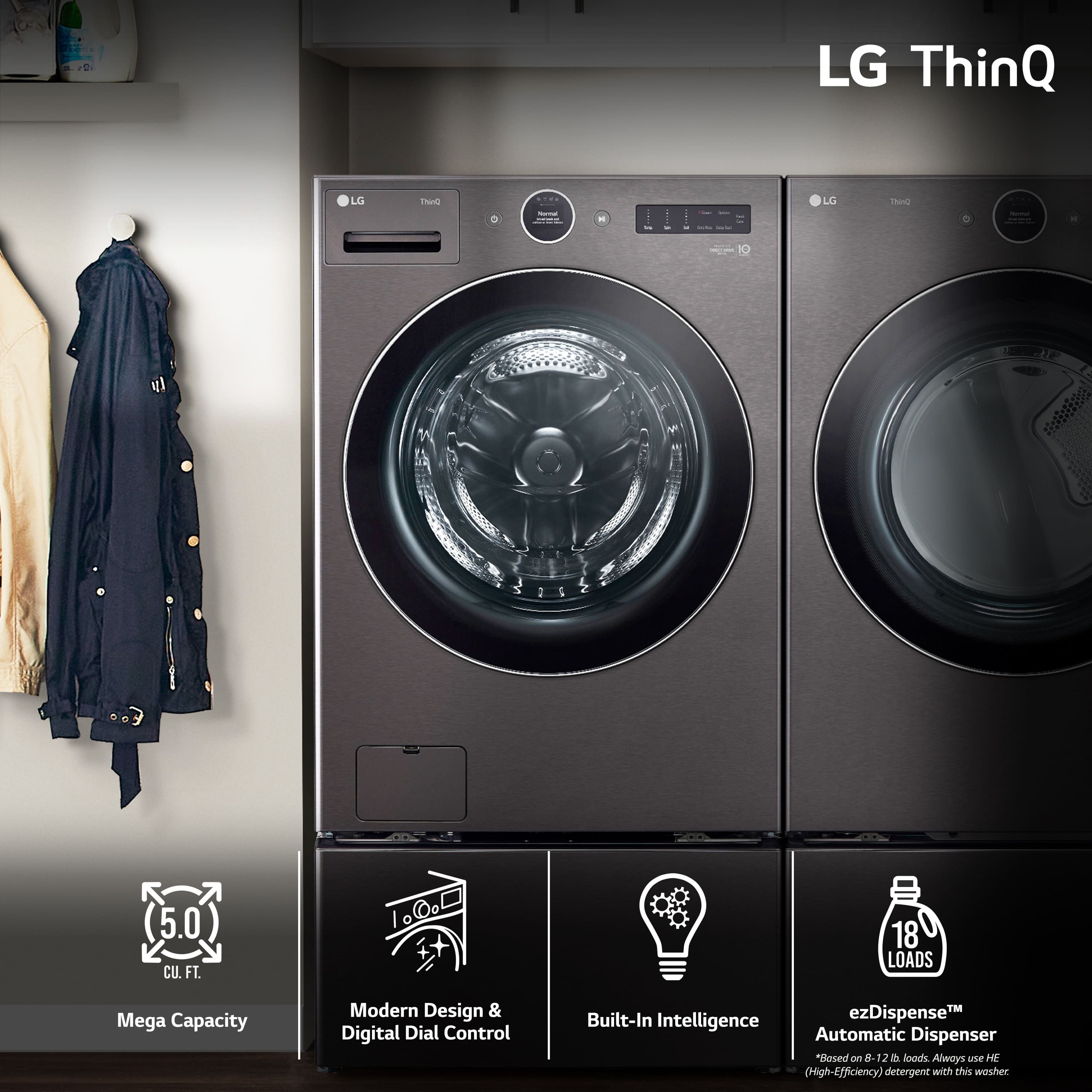 The image showcases a laundry room with a washer and dryer. The washer is a large capacity machine with a modern design and a digital dial control. It also features built-in intelligence and an automatic dispenser. The dryer is also a large capacity machine, and it is positioned next to the washer. The laundry room is equipped with a jacket hanging on the wall, and there are several bottles placed nearby.