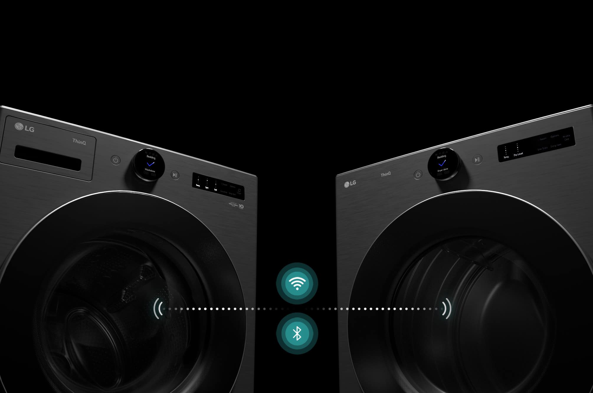 The image features two LG ThinQ washing machines with a Wi-Fi connection indicator. The Wi-Fi connection is shown as a green dot, indicating that the machines are connected to the internet. The washing machines are placed next to each other, and they are both black in color.