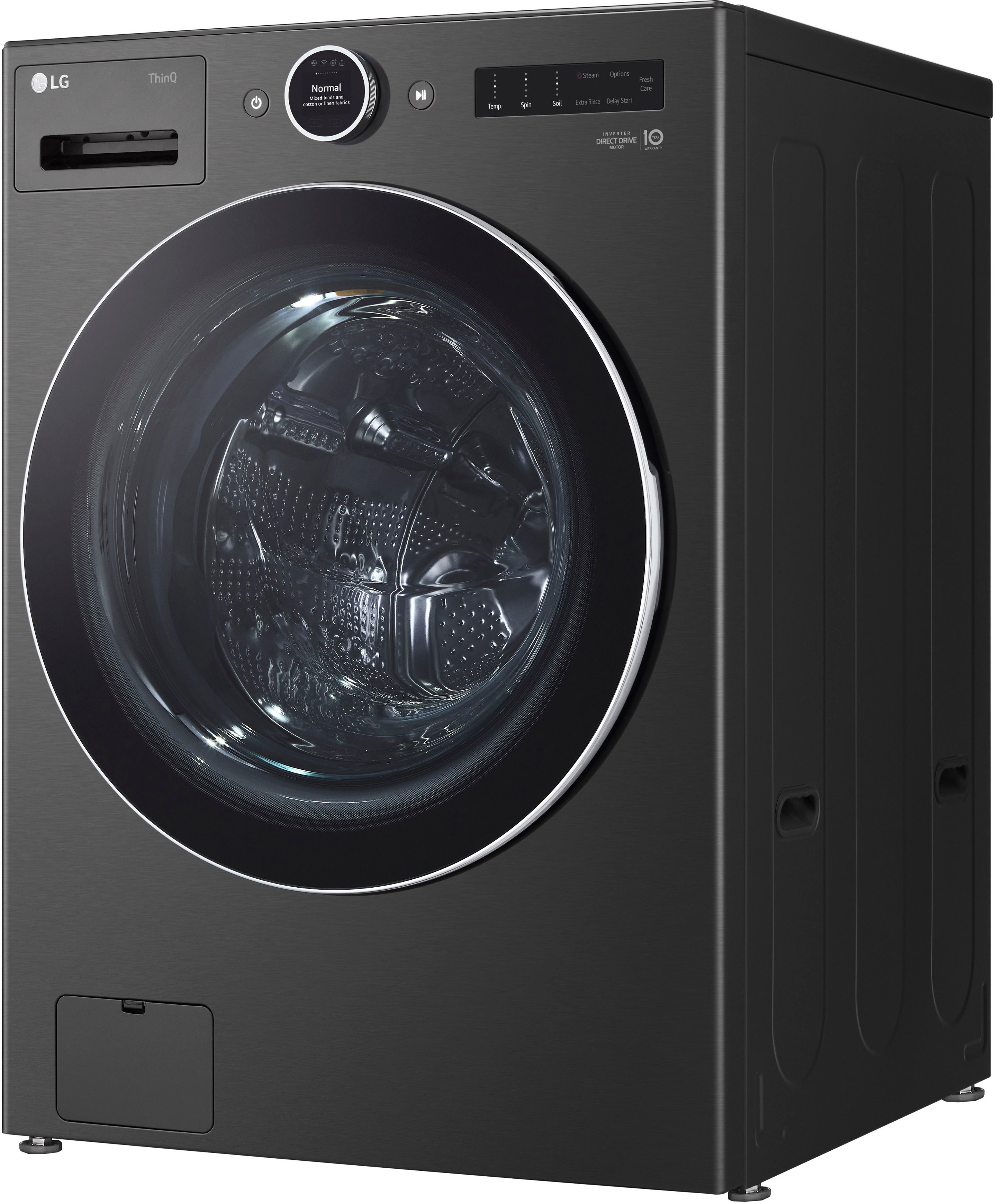 Left View: LG - 5.0 Cu. Ft. High-Efficiency Stackable Smart Front Load Washer with Steam and TurboWash 360 - Black steel