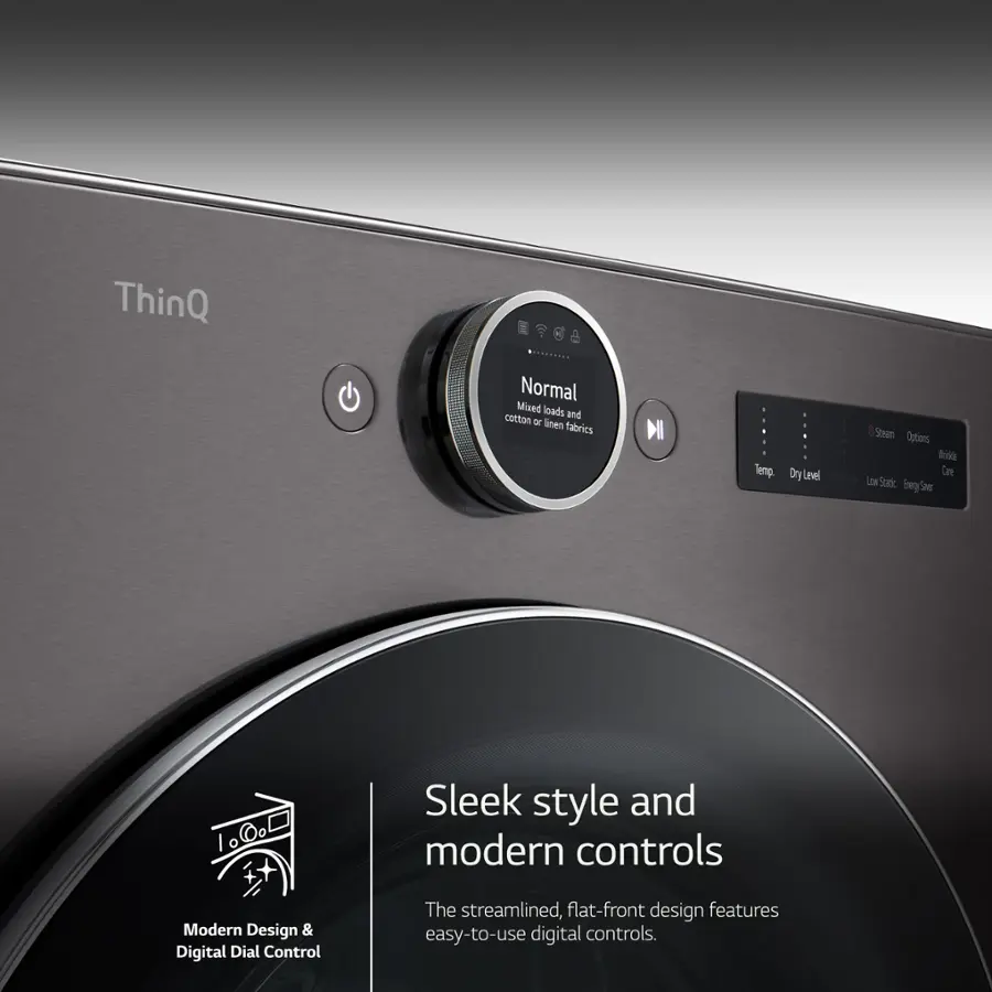 The image features a modern, sleek design with digital controls for an electric dryer. The front of the dryer is flat, and the controls are easy to use. The dryer is designed to handle mixed loads of cotton and linen fabrics, and it has an automatic dry cycle that adjusts the drying time based on the load. The dryer also has a static eliminator to reduce static buildup and a timer that can be set to 100% to ensure the clothes are completely dry.