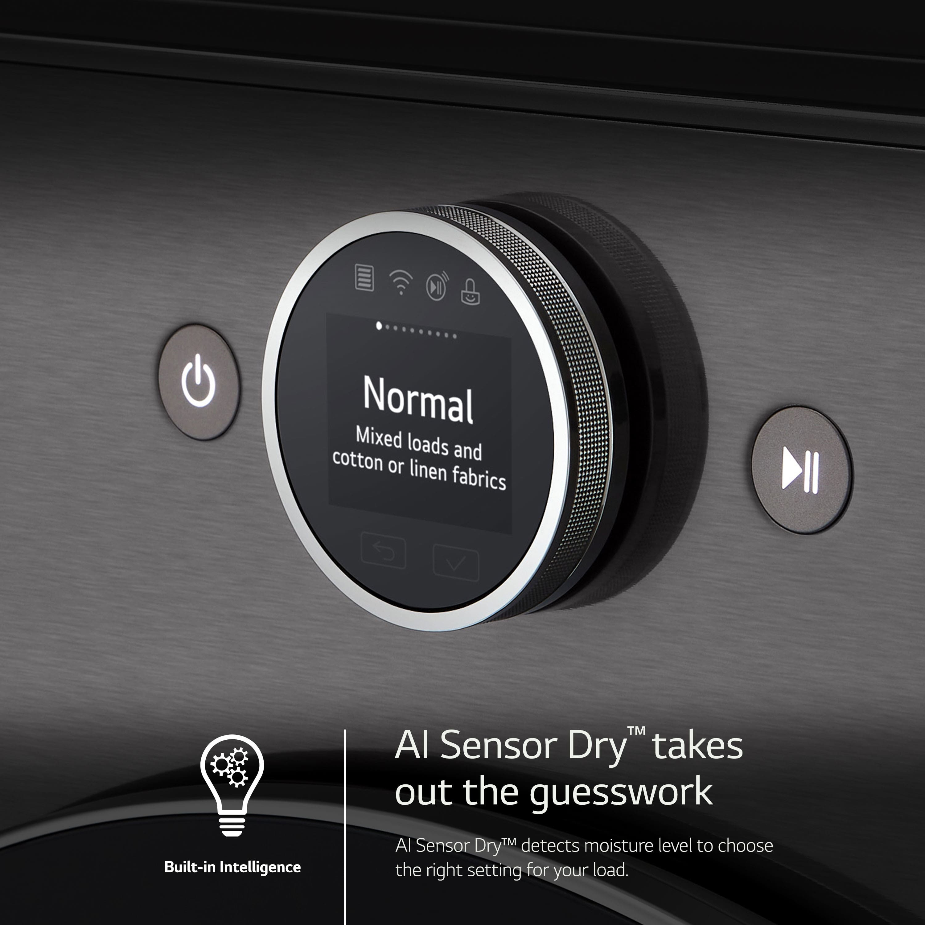 The image features a close-up of a control panel for an electric dryer, which is part of a washer and dryer unit. The control panel displays the word "Normal" on the screen, indicating that the dryer is set to dry mixed loads of cotton and/or linen fabrics. The control panel also has a button labeled "Al Sensor Dry," which suggests that the dryer uses built-in intelligence to detect the moisture level of the load and choose the appropriate setting. This feature takes out the guesswork and ensures that the dryer operates efficiently and effectively.
