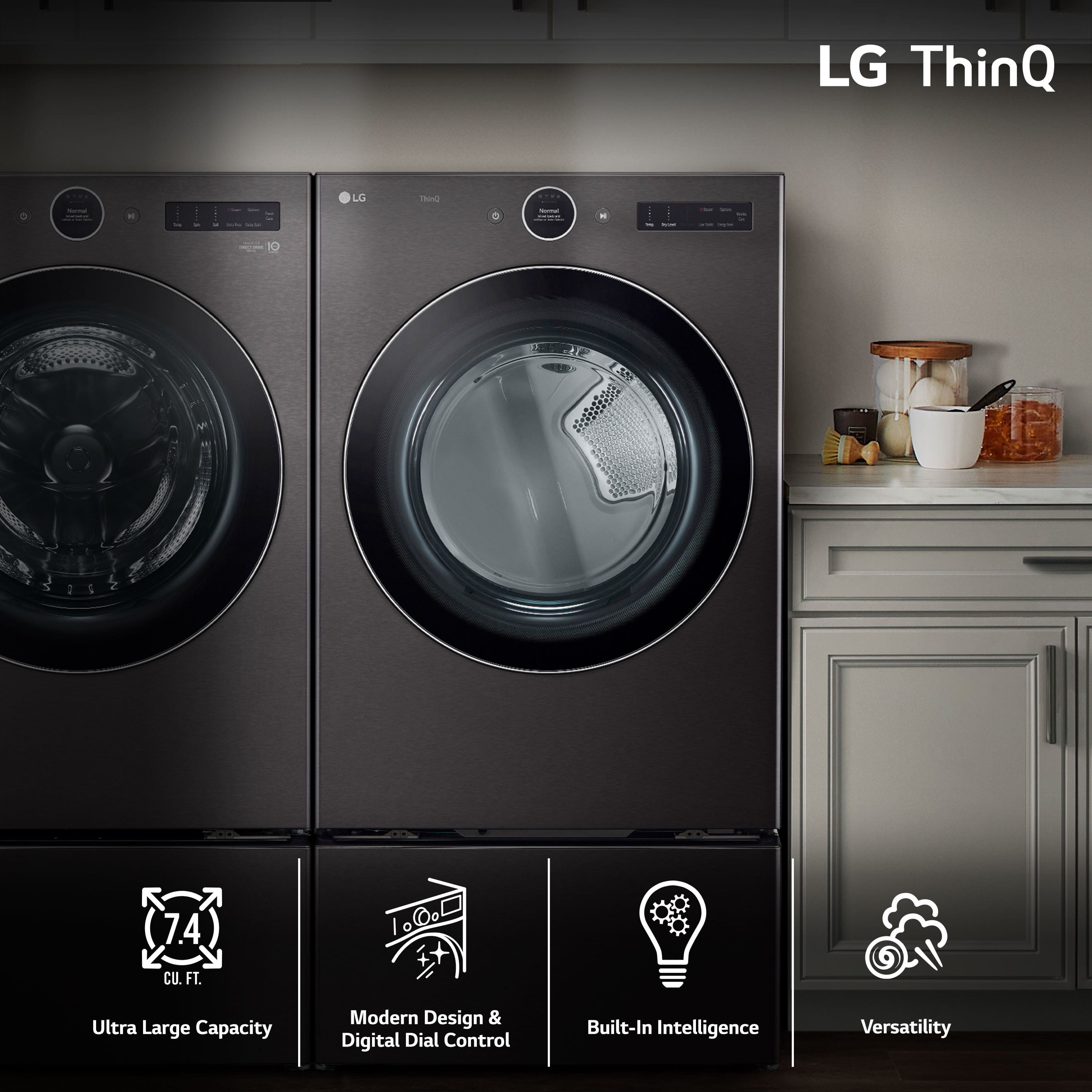 The image features a washer and dryer combo, which is part of the LG ThinQ line. The washer and dryer are both black and have a modern design. The dryer has a large capacity, and the washer is equipped with digital dial controls for added convenience. The LG ThinQ line is known for its built-in intelligence, which provides users with a more efficient and user-friendly experience. The washer and dryer combo is placed in a kitchen setting, with a bowl and a knife nearby.