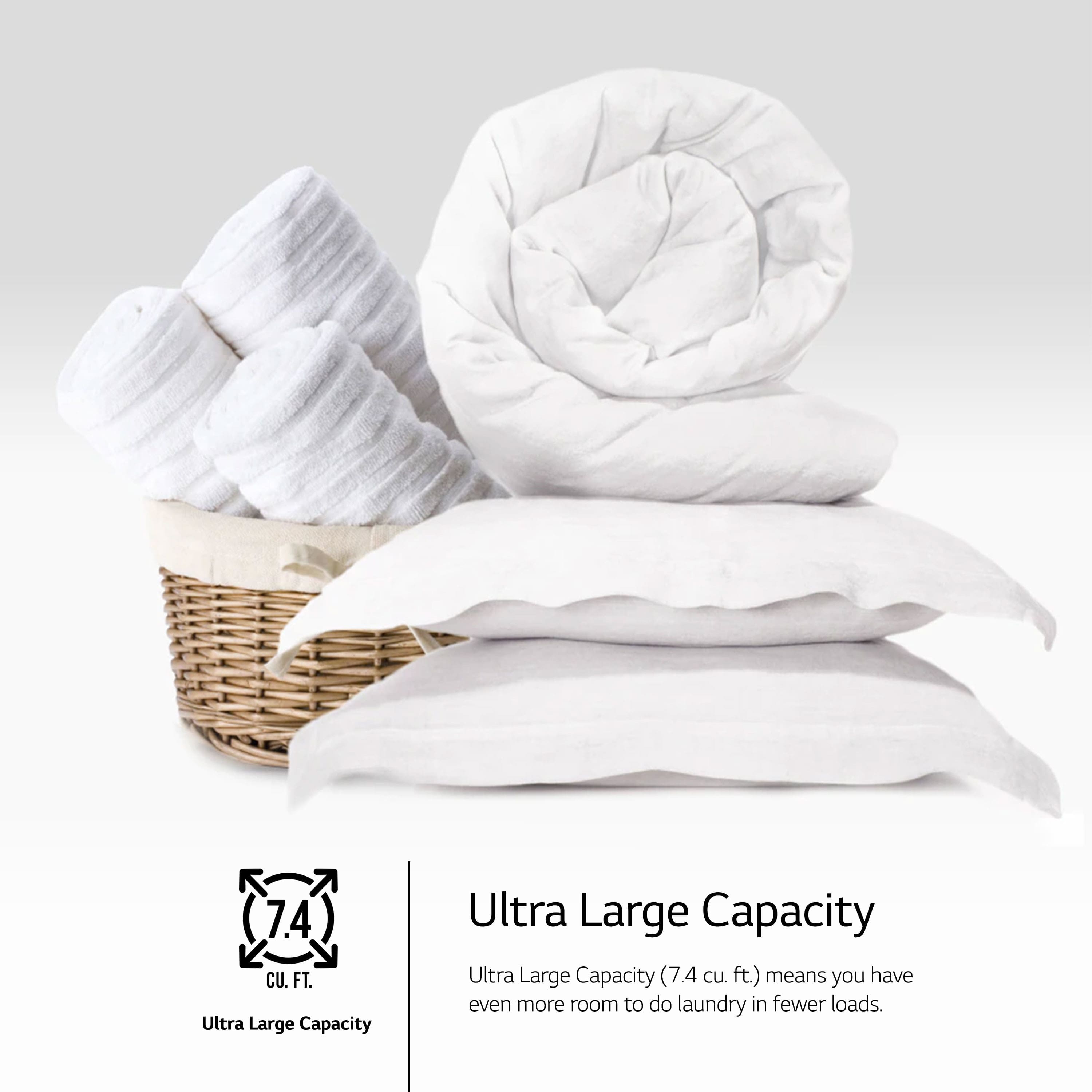 The image features a stack of white pillows and towels, showcasing their large capacity. The text "Ultra Large Capacity" is prominently displayed, emphasizing the ample space provided by the pillows and towels. This suggests that the products are designed to handle a significant amount of laundry in fewer loads, making them suitable for users with high laundry needs.