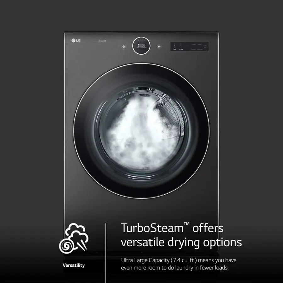 The image features an electric dryer with a large capacity, offering versatile drying options. The dryer has a capacity of 7.4 cu. ft. and is designed to provide efficient and convenient drying for various types of laundry. The advertisement emphasizes the versatility of the TurboSteam technology, which allows for a range of drying options to suit different needs. The large capacity of the dryer also means that users can do more laundry in fewer loads, making it a practical choice for busy households.