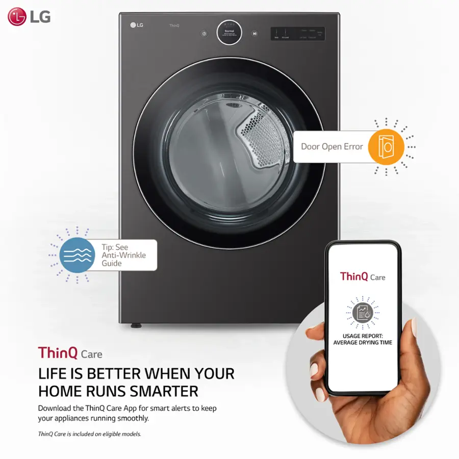 The image features a large LG electric dryer with a smartphone in front of it. The dryer has a door open error, and the ThinQ Care app is being used to address this issue. The app provides smart alerts to keep the appliance running smoothly. The average drying time is also displayed, indicating the efficiency of the dryer. The image emphasizes the convenience and effectiveness of smart home appliances in enhancing daily life.