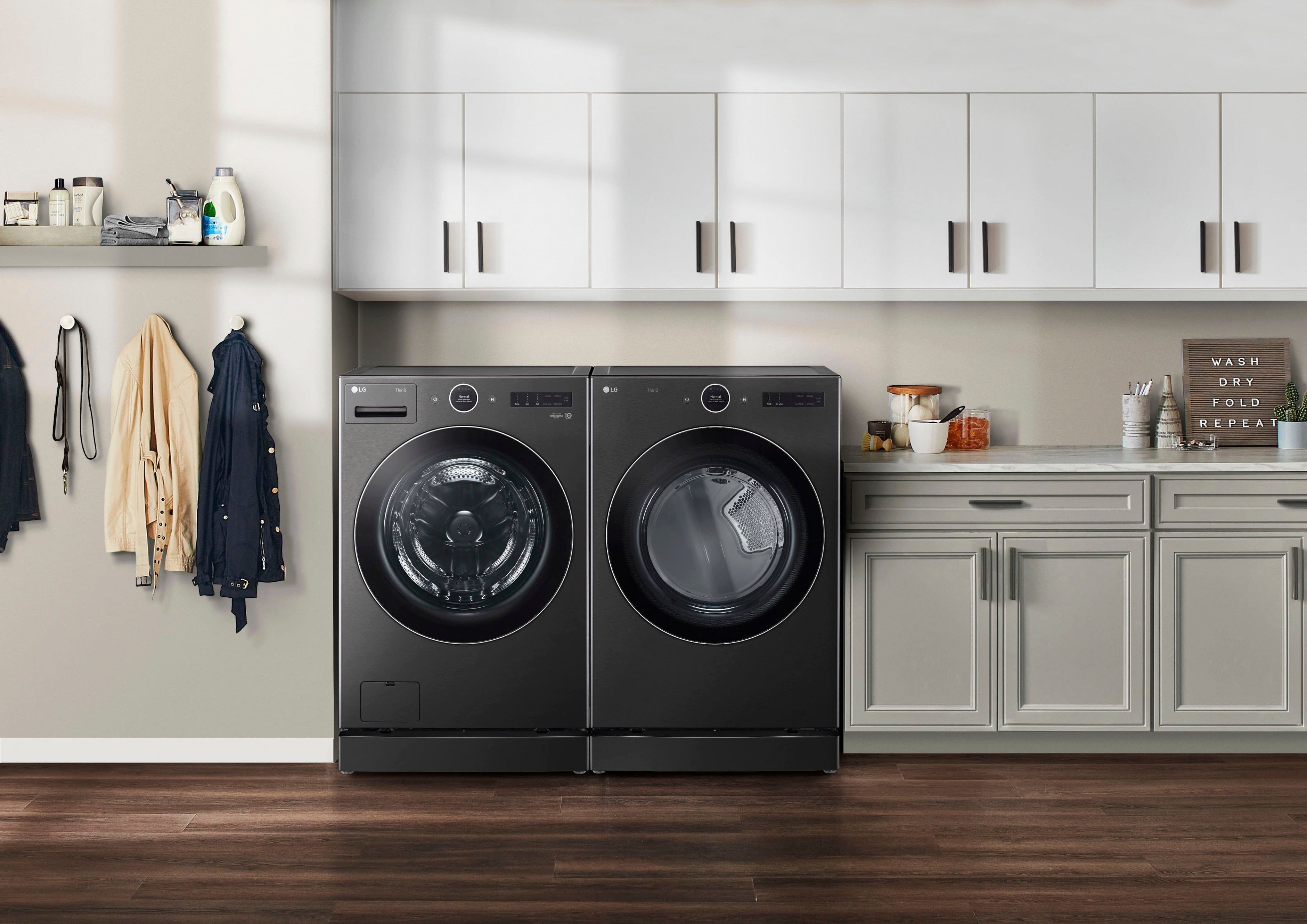 The image features two LG ThinQ Smart Dryers, which are designed to be energy-efficient and connected to the internet. These dryers have a Wi-Fi connection and can be controlled remotely, making them a convenient and eco-friendly choice for laundry. The image showcases the front and back of the dryers, highlighting their features and design.