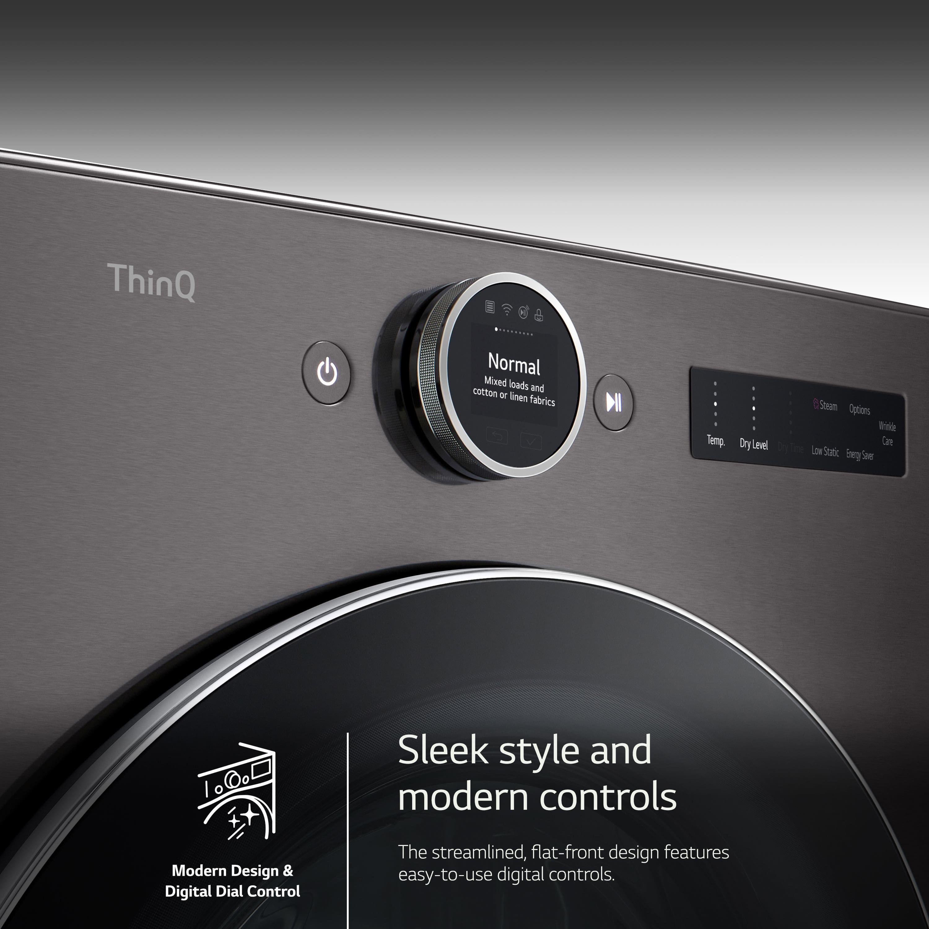 The image features a modern, sleek design with digital dial controls. The washing machine is designed to handle mixed loads of cotton and linen fabrics, and it offers various options for drying, including Tumble Dry, Air Dry, and Line Dry. The streamlined, flat-front design makes it easy to use and adds a contemporary touch to any home.