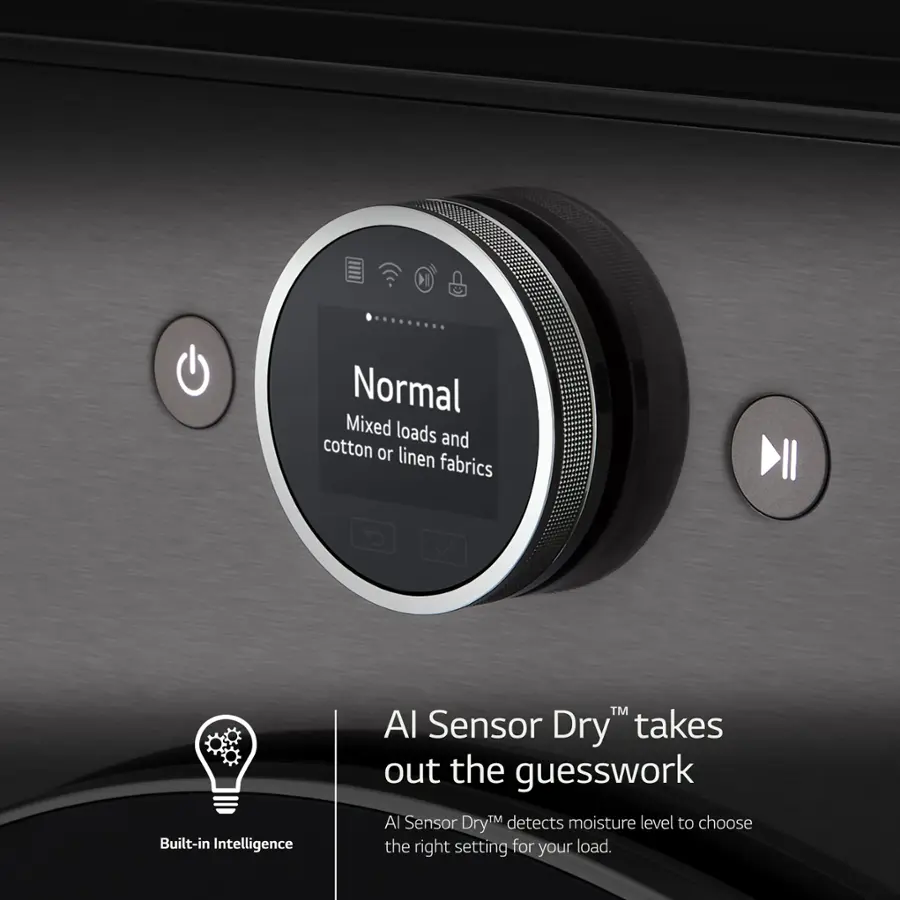 The text on the image reads: "Normal Mixed loads cotton and or linen fabrics Built-in Intelligence TM Al Sensor Dry" takes out the guesswork Al Sensor Dry detects moisture level to choose the right setting for your load.