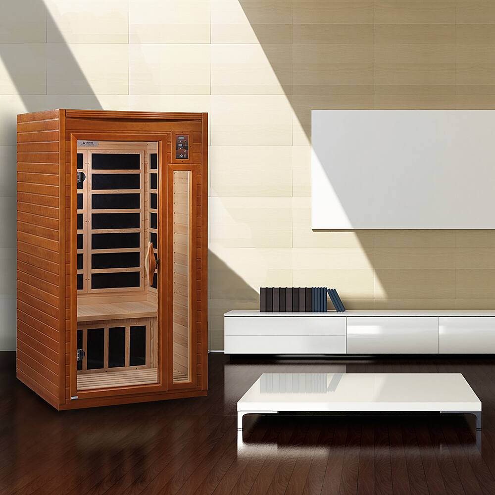 Alt View 1. Golden Designs - Barcelona 1 to 2 Person Hemlock Wood Low EMF FAR Infrared Sauna For Home - Brown.