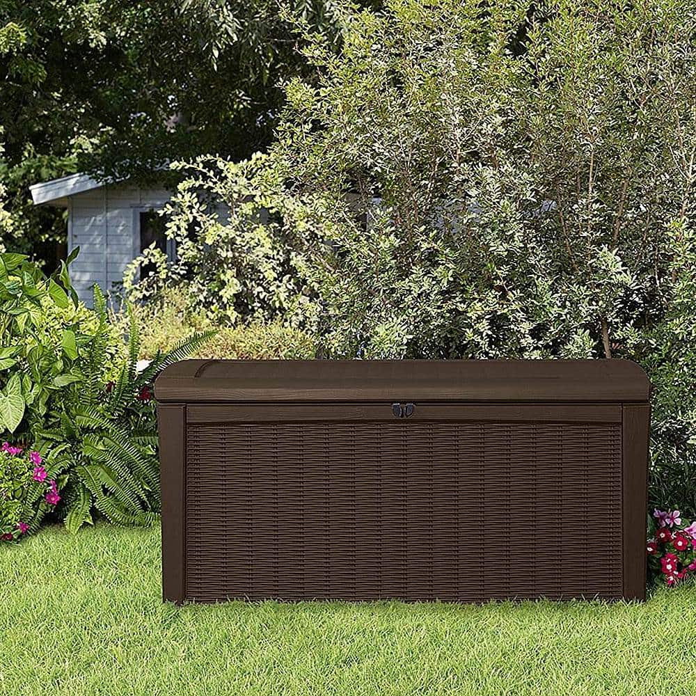 Angle View: Keter Borneo 110 Gallon Rattan Wicker Resin Deck Storage Box Bench, Brown