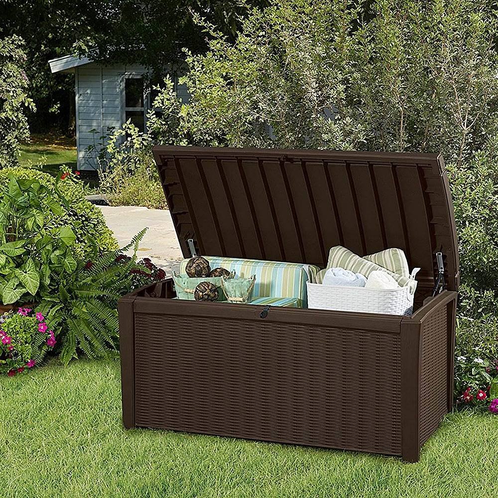 Left View: Keter Borneo 110 Gallon Rattan Wicker Resin Deck Storage Box Bench, Brown