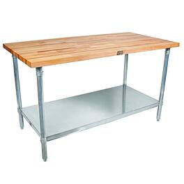 John Boos - Rectangular Maple Wood Top Work Table with Adjustable Lower Shelf - Brown