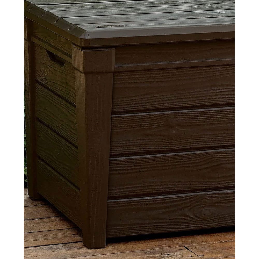 Angle View: Keter Brightwood 120 Gallon Durable Weatherproof Resin Deck Box Organization and Storage for Outdoor Patio and Lawn, Brown