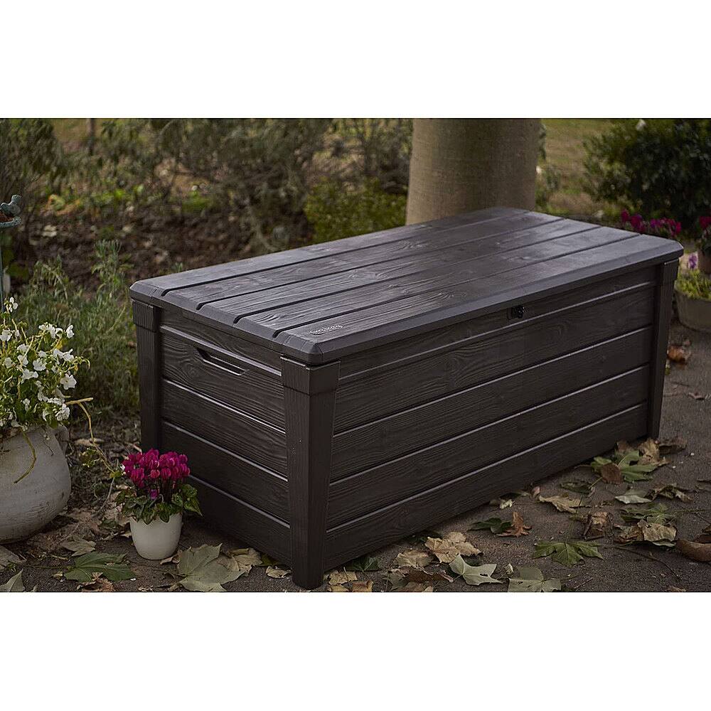 Left View: Keter Brightwood 120 Gallon Durable Weatherproof Resin Deck Box Organization and Storage for Outdoor Patio and Lawn, Brown