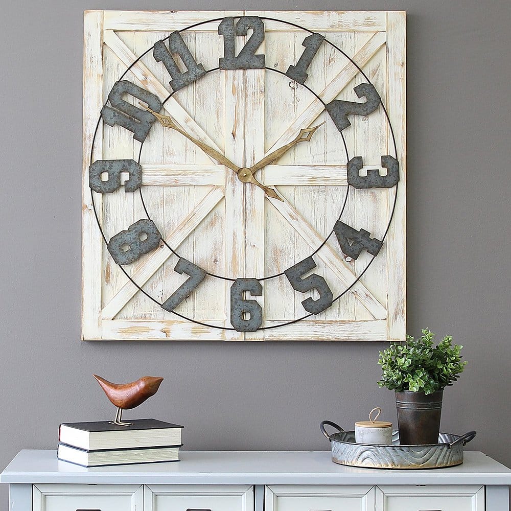 Angle View: Stratton Home Decor - S11545 Rustic Wood and Metal Farmhouse Mounted Wall Clock - White