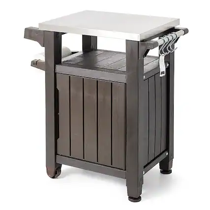 Angle. Keter - 40 Gallon Patio Storage Grilling Bar Cart with Stainless Steel Top - Dark Brown.