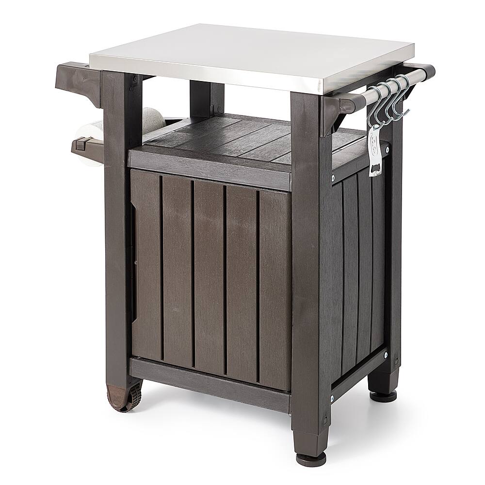 Angle. Keter - 40 Gallon Patio Storage Grilling Bar Cart with Stainless Steel Top - Dark Brown.