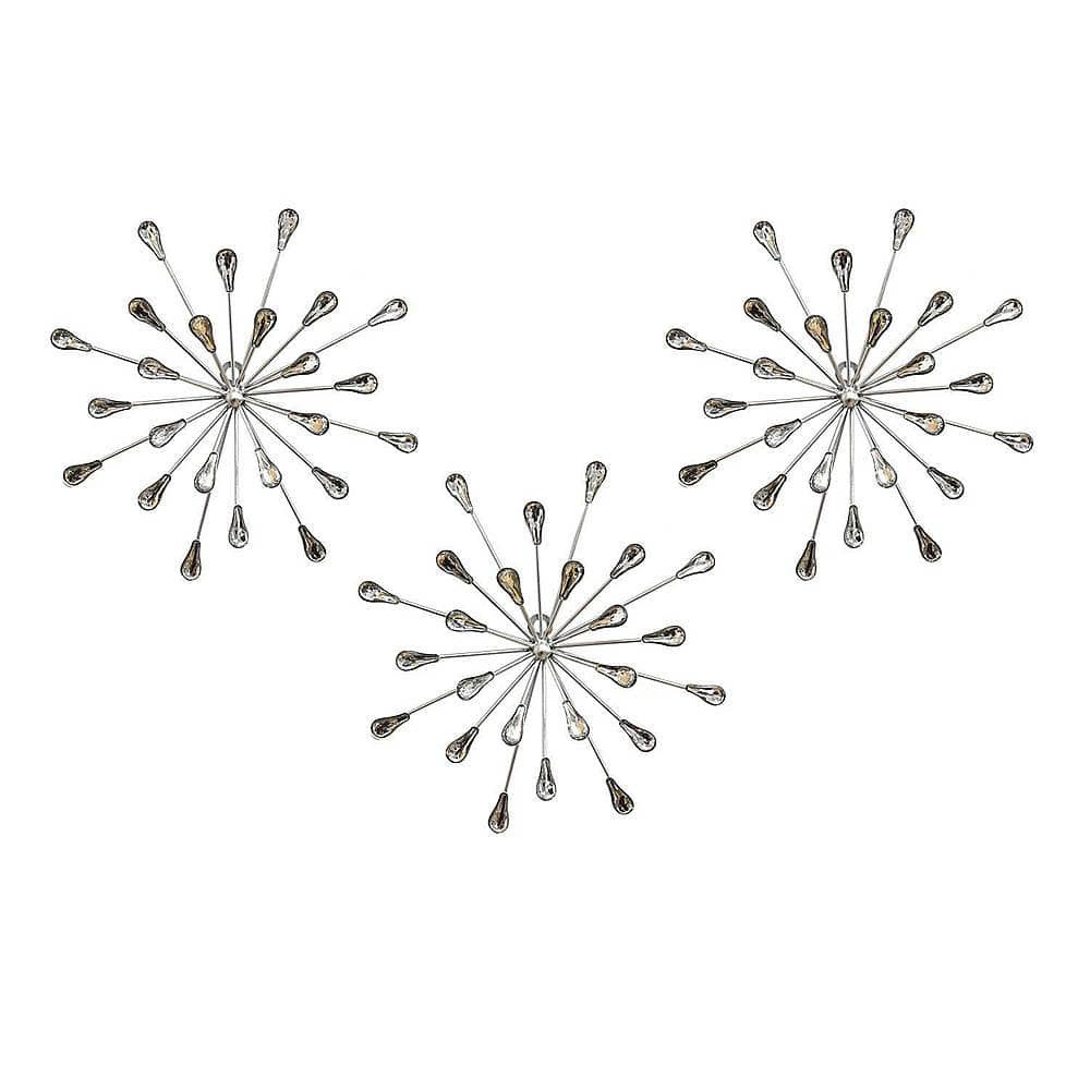 Left View: Stratton Home Decor - Hand Painted Acrylic Bursts Modern Wall Art Set of 3 - Silver