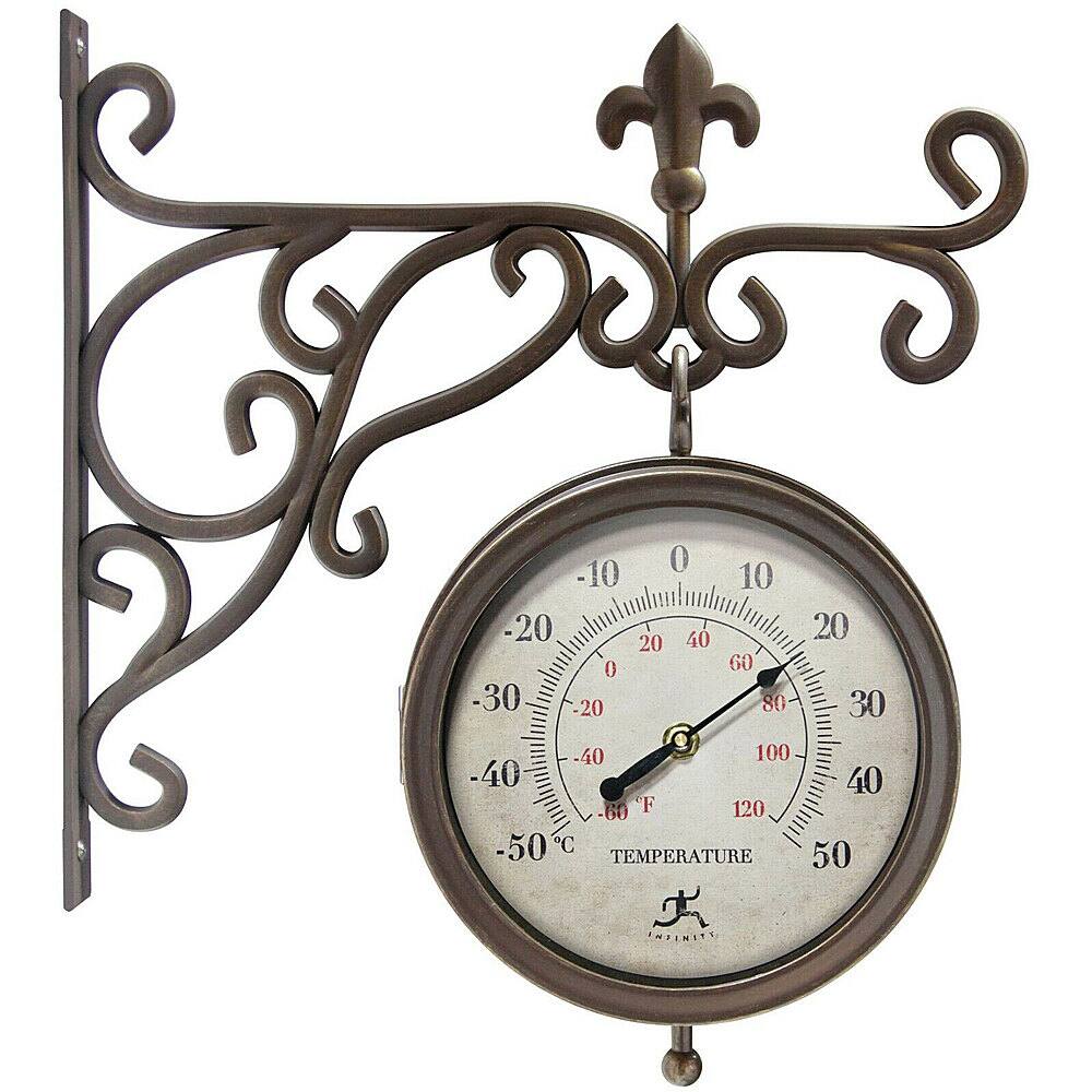 Angle View: Infinity Instruments - 20079AB-4430 Beauregard Outdoor Hanging Clock & Thermometer - Brown