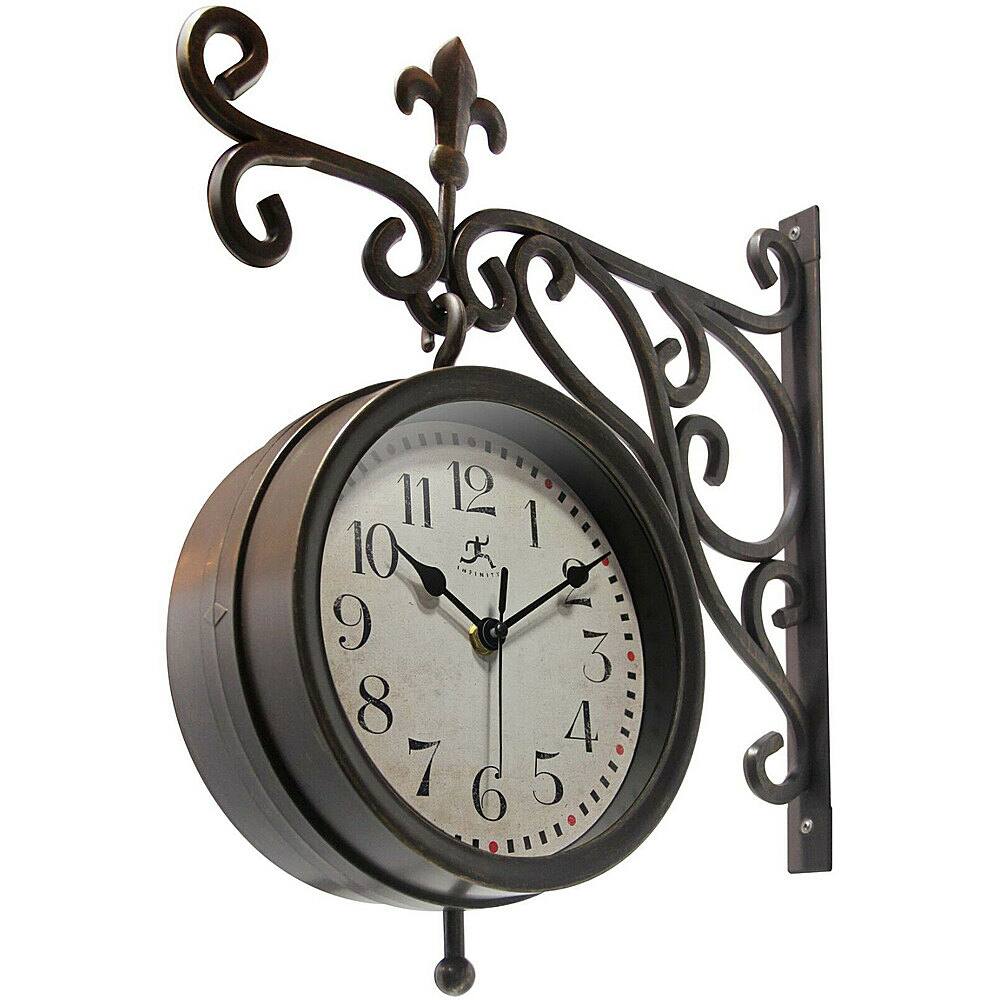 Left View: Infinity Instruments - 20079AB-4430 Beauregard Outdoor Hanging Clock & Thermometer - Brown