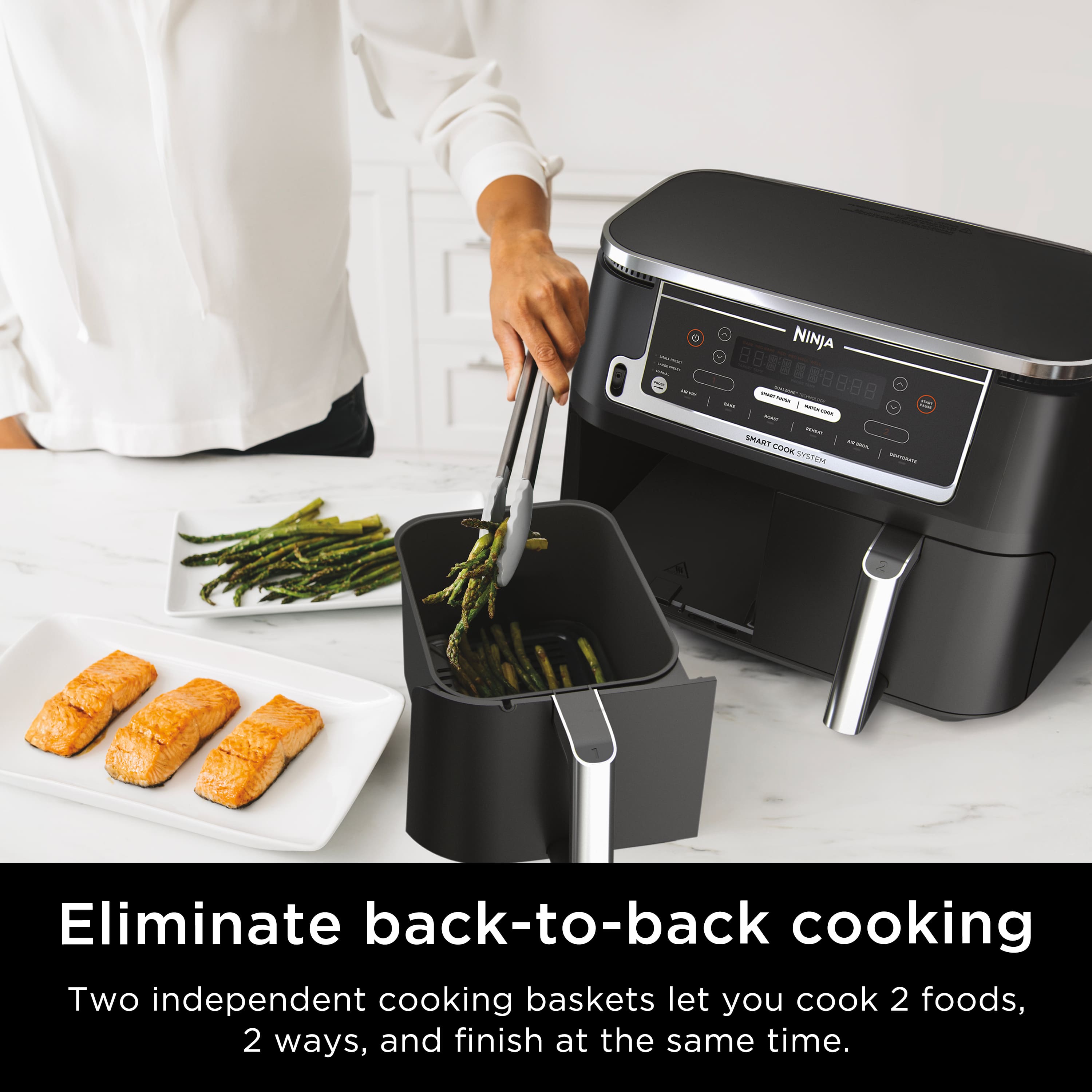 Eliminate back-to-back cooking with the Ninja Foodi. Two independent cooking baskets let you cook two foods, two ways, and finish at the same time.