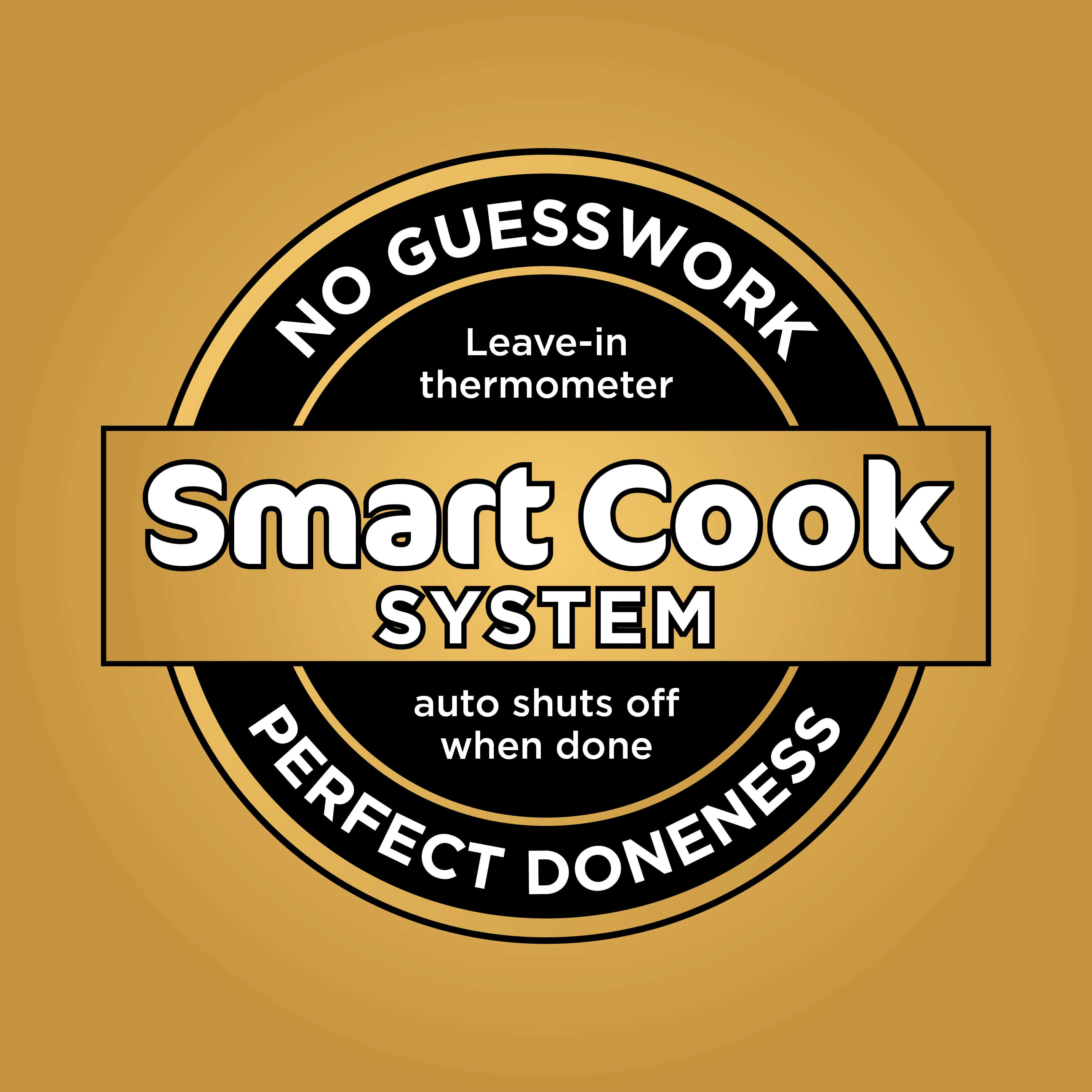The text on the image is grouped and corrected as follows:
"No Guesswork Leave-in Thermometer Smart Cook System Auto Shuts Off When Done Perfect Doneness."