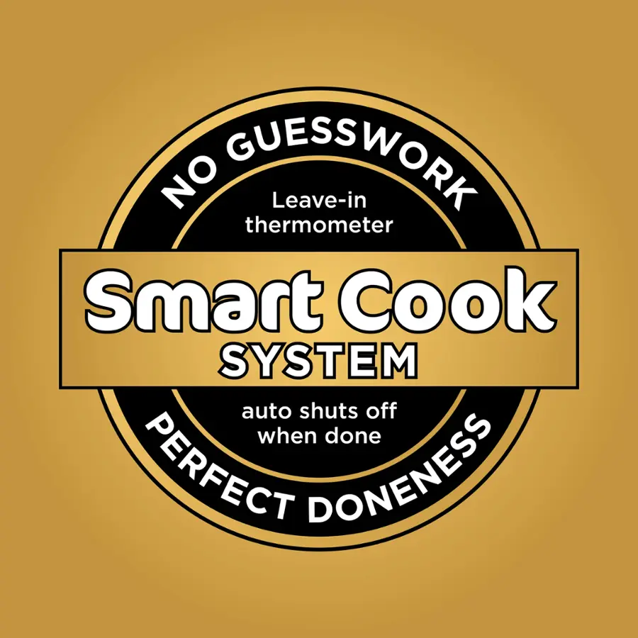 The text on the image is grouped and corrected as follows:

"No Guesswork Leave-in Thermometer Smart Cook System Auto Shuts Off When Done Perfect Doneness."