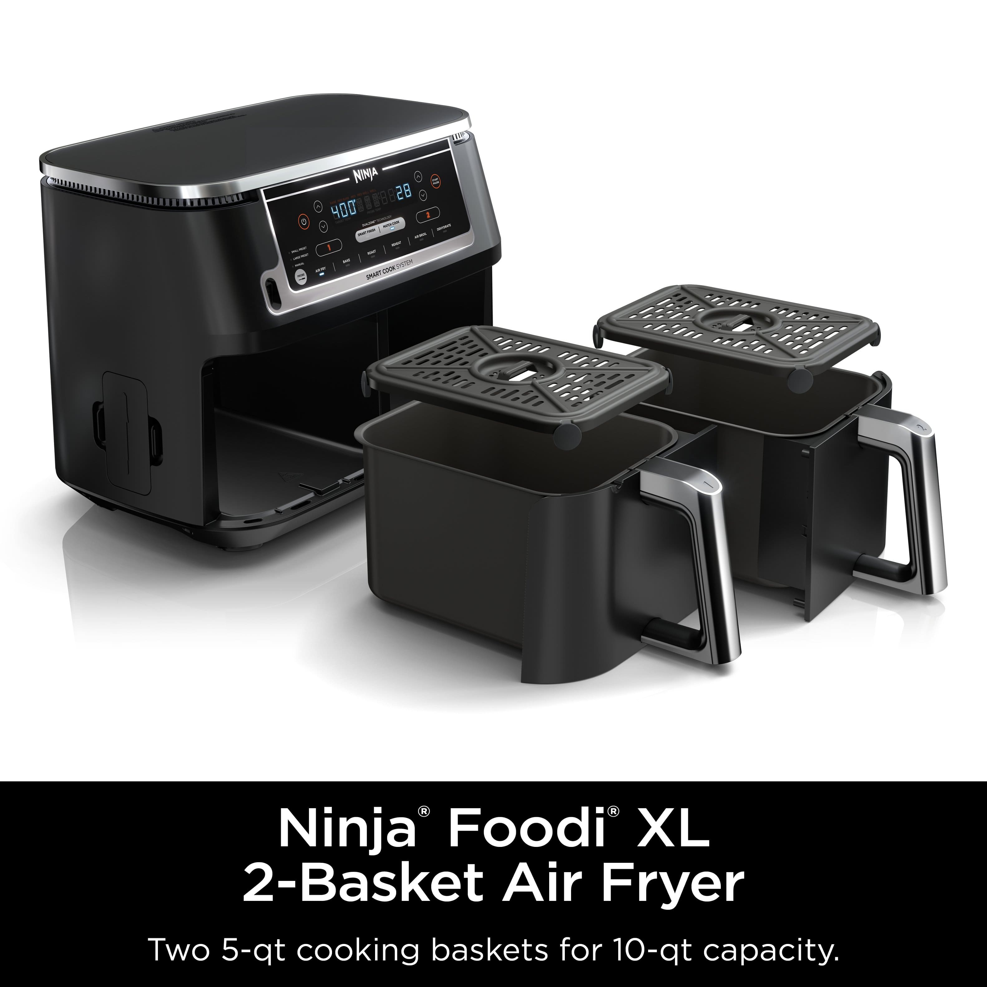 Ninja Foodi XL 2-Basket Air Fryer: Two 5-qt cooking baskets for 10-qt capacity.