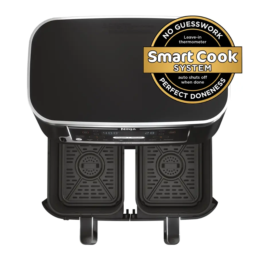 The image features a Ninja Smart Cook System, which includes a leave-in thermometer that automatically shuts off when the cooking is done. The system is designed to provide perfect doneness, ensuring that the food is cooked to the ideal temperature. The image is a close-up of the system, showcasing its features and functionality.