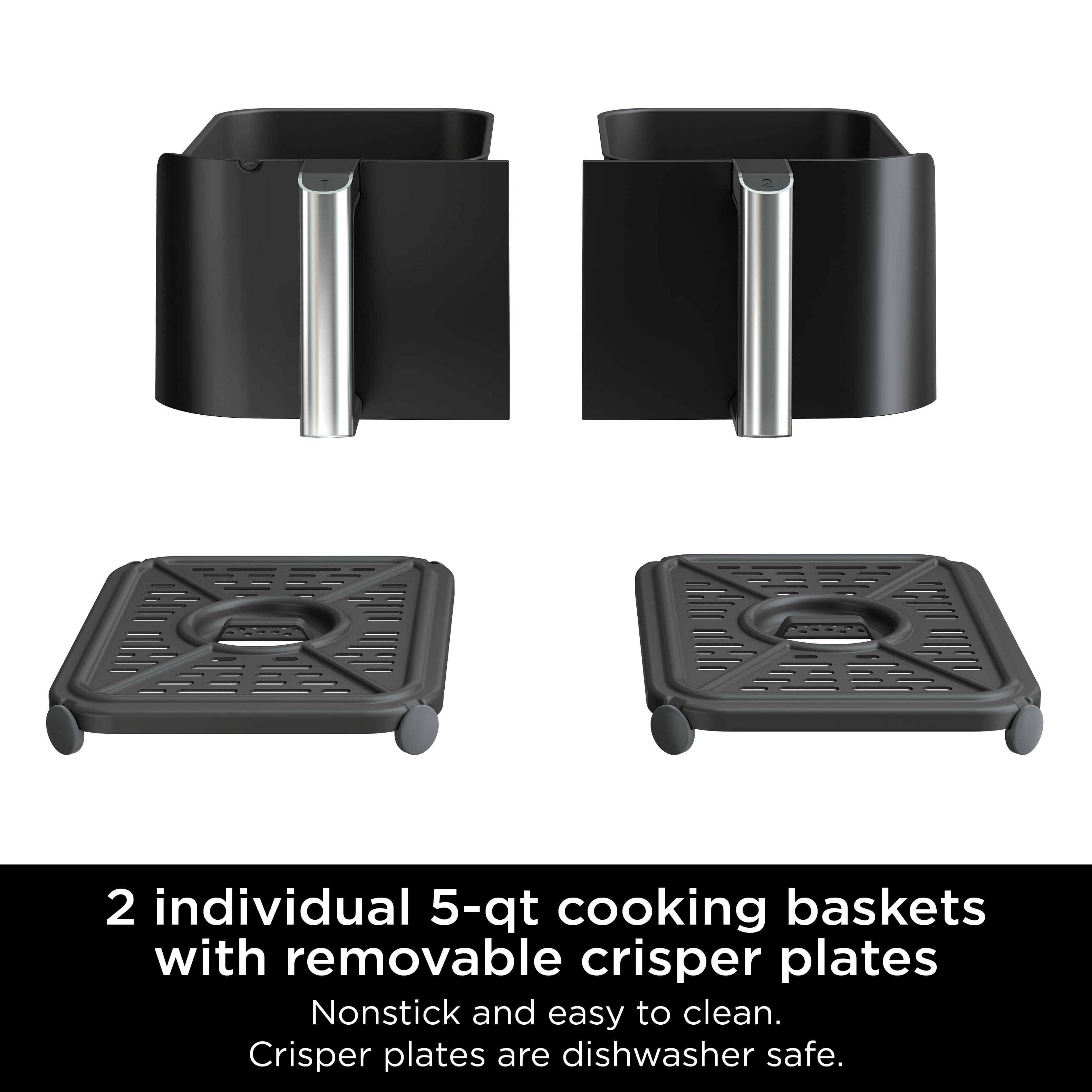 The image features two individual 5-qt cooking baskets with removable crisper plates. These baskets are nonstick and easy to clean, making them a convenient and practical choice for cooking. The crisper plates are dishwasher safe, ensuring that they can be easily cleaned after use.