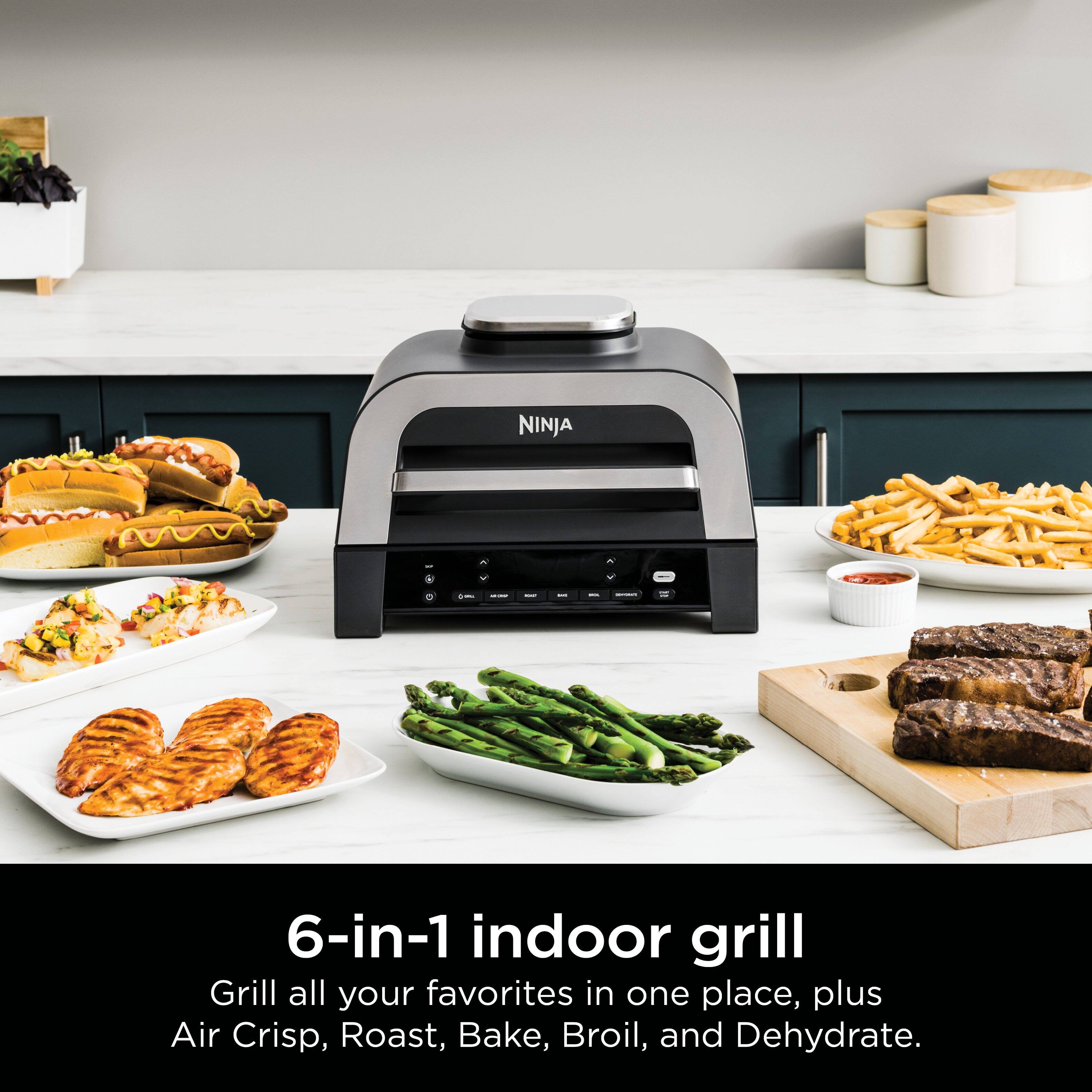 NINJA 6-in-1 indoor grill: Grill all your favorites in one place, plus Air Crisp, Roast, Bake, Broil, and Dehydrate.
